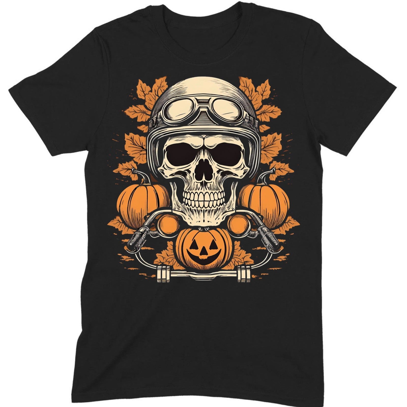 Flat lay of Halloween skull biker t-shirt design with pumpkins and leaves, spooky skull pumpkin apparel for Halloween lovers.