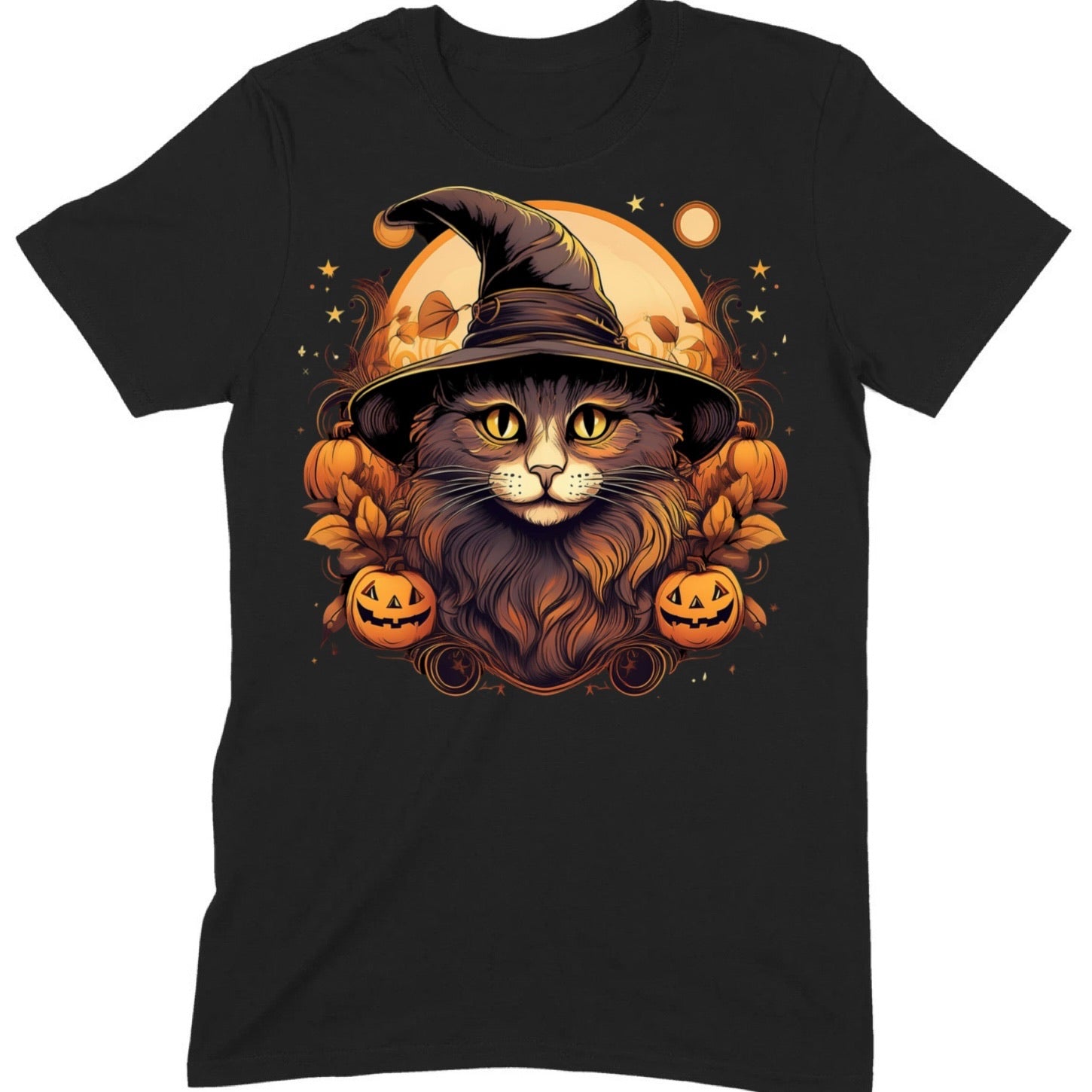 Black cat wearing a witch hat with glowing yellow eyes surrounded by pumpkins and a full moon Halloween t-shirt design