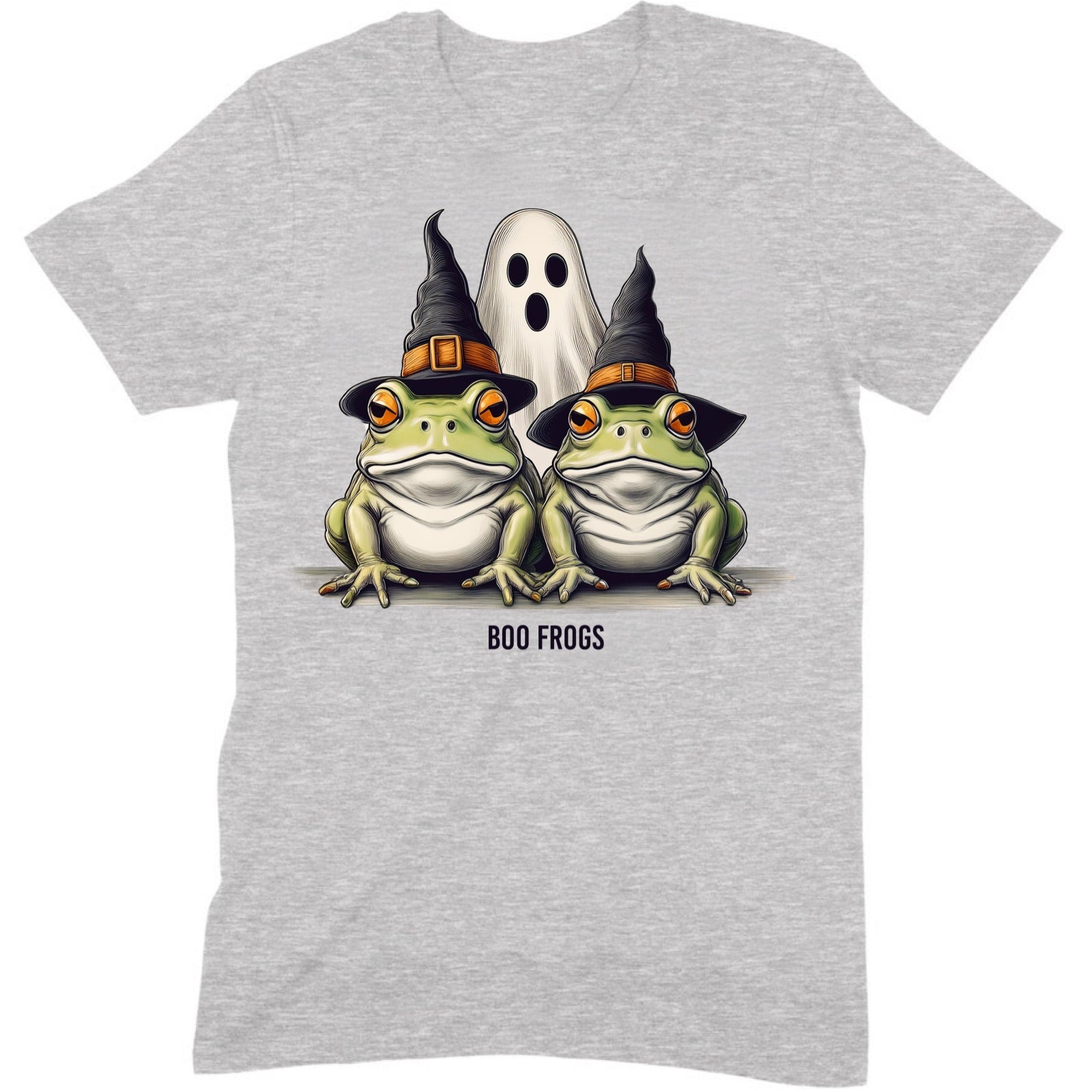 Heather gray t-shirt with Boo Frogs design, two frogs in witch hats with ghost, Halloween graphic
