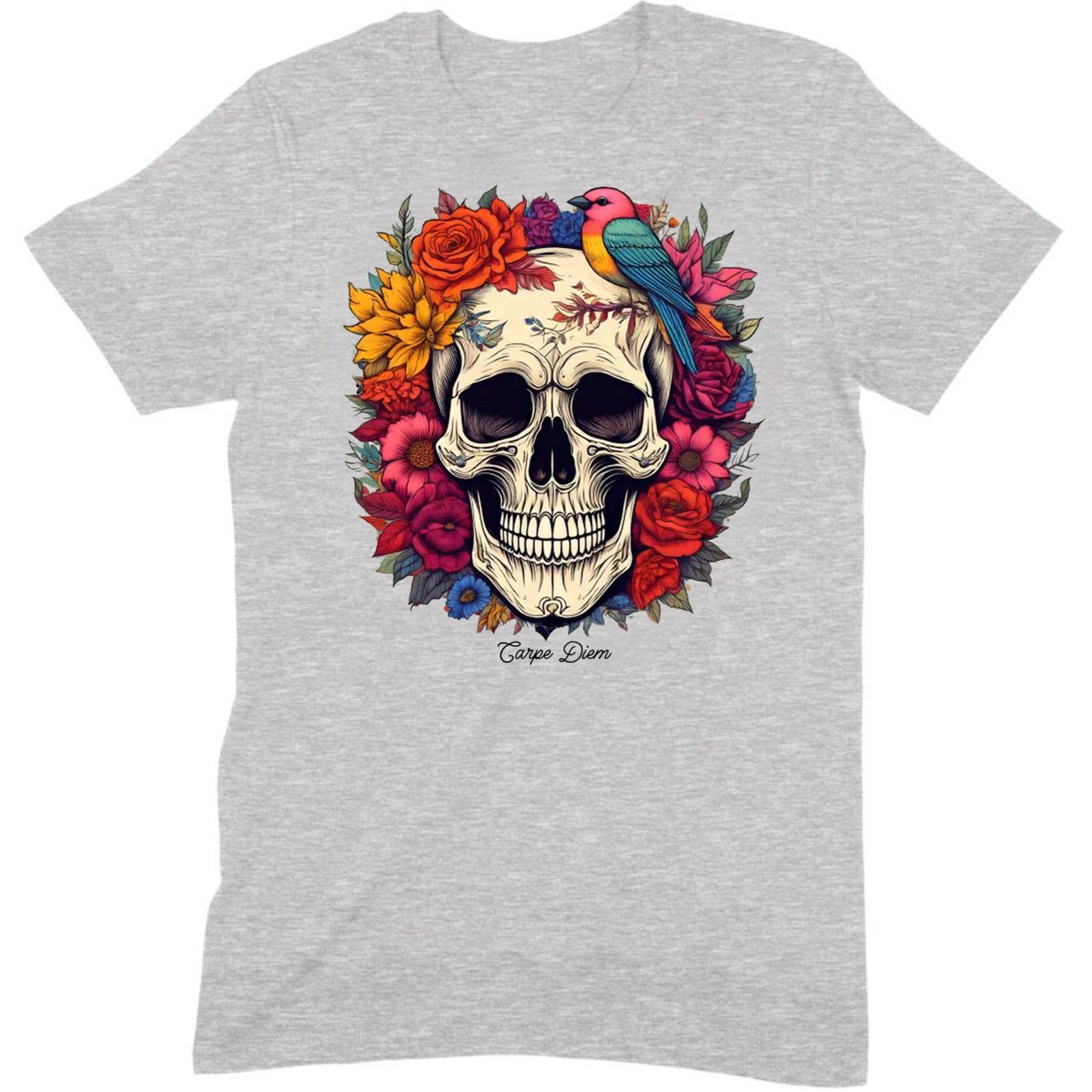Heather gray Carpe Diem skull t-shirt with floral wreath and bird, isolated product photo