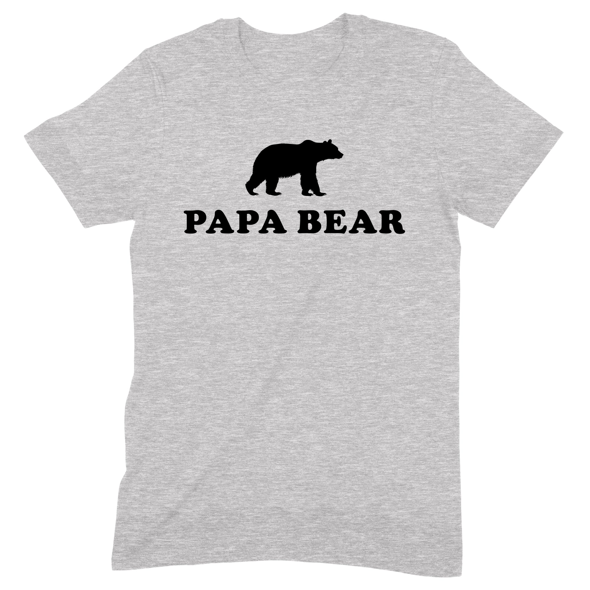Heather gray Papa Bear t-shirt with black bear silhouette and bold text, isolated product photo