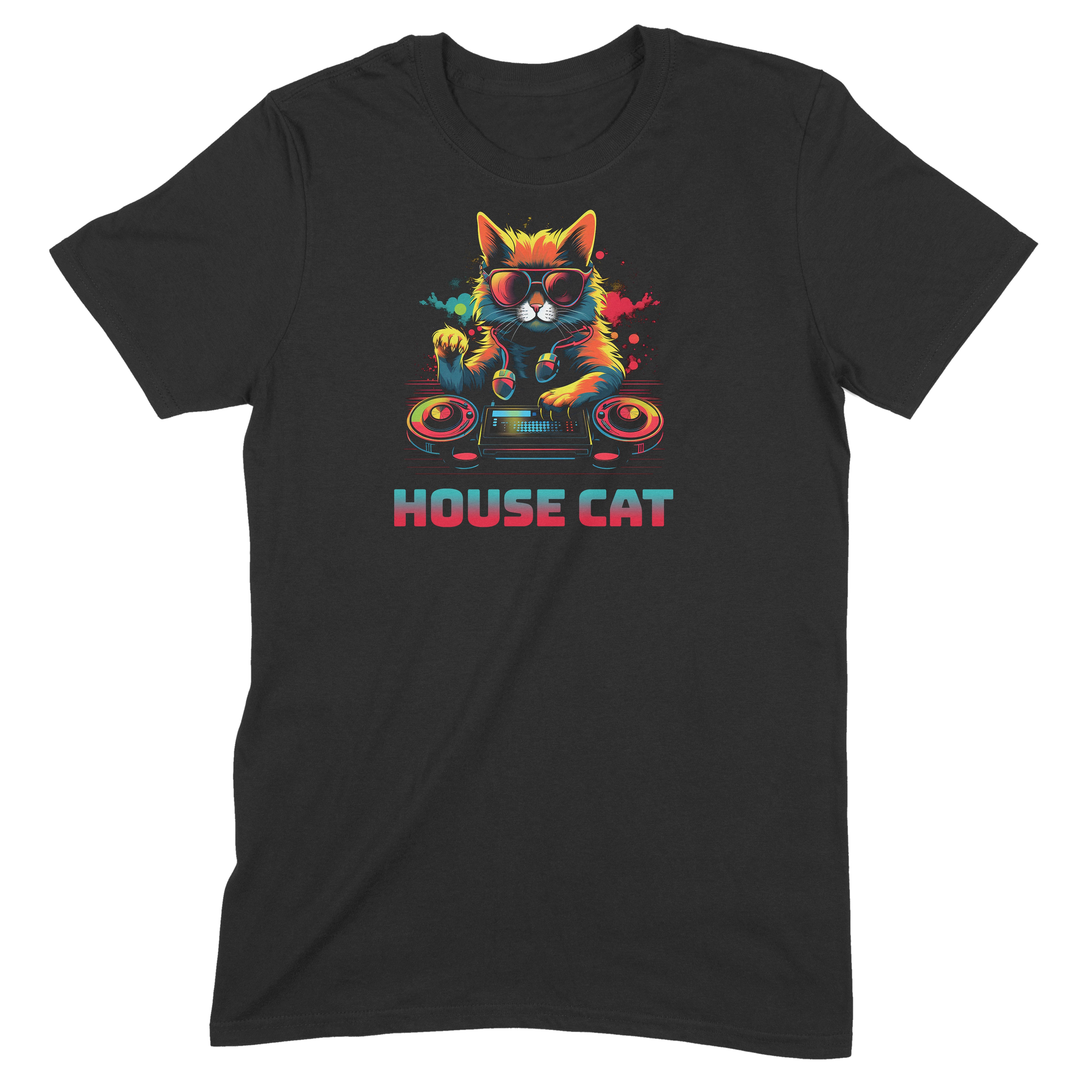 Flat lay of black House Cat DJ t-shirt with neon cat at turntables graphic, funny music lover gift