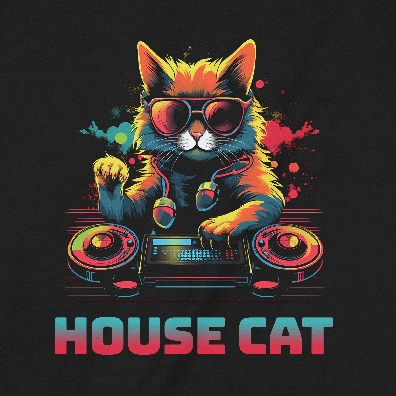 Closeup of neon DJ cat and turntables graphic with House Cat text on black novelty tee