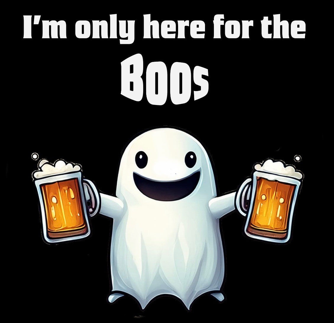 Halloween t shirt design featuring a smiling ghost holding beer mugs with the text im only here for the boos