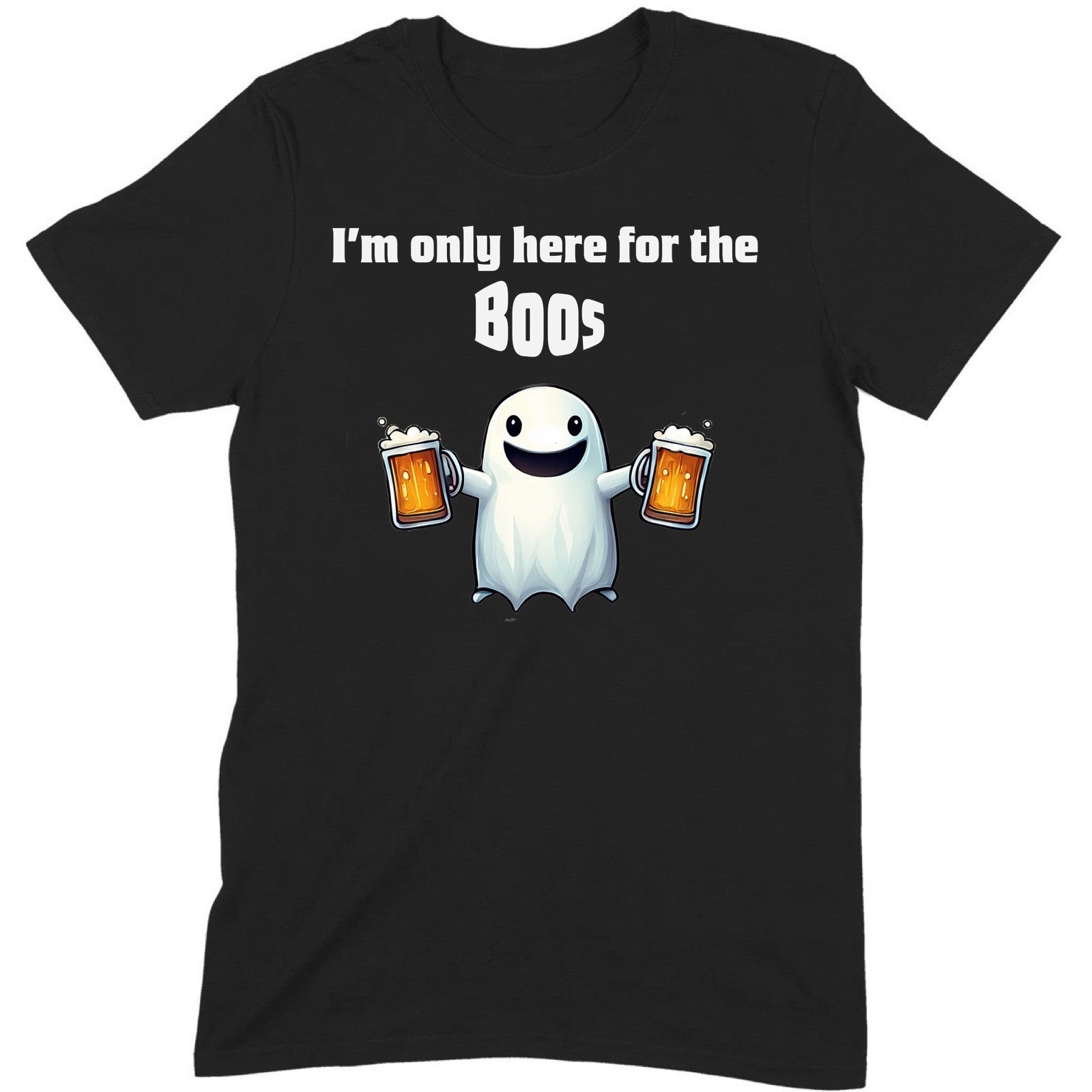 flat lay of black halloween t shirt with ghost holding beer mugs and the phrase im only here for the boos