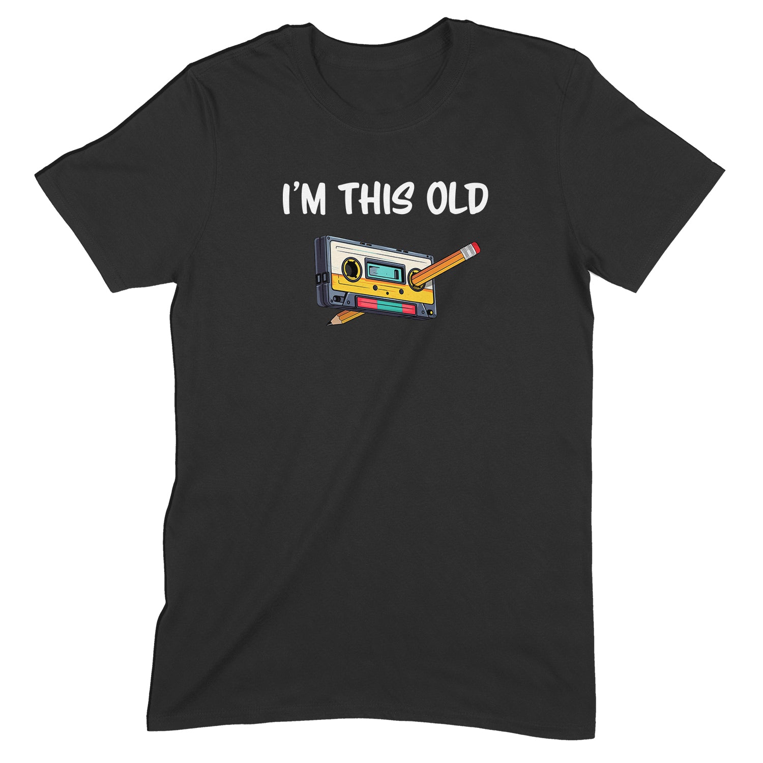 Black t-shirt with retro cassette tape and pencil graphic and text I’m this old