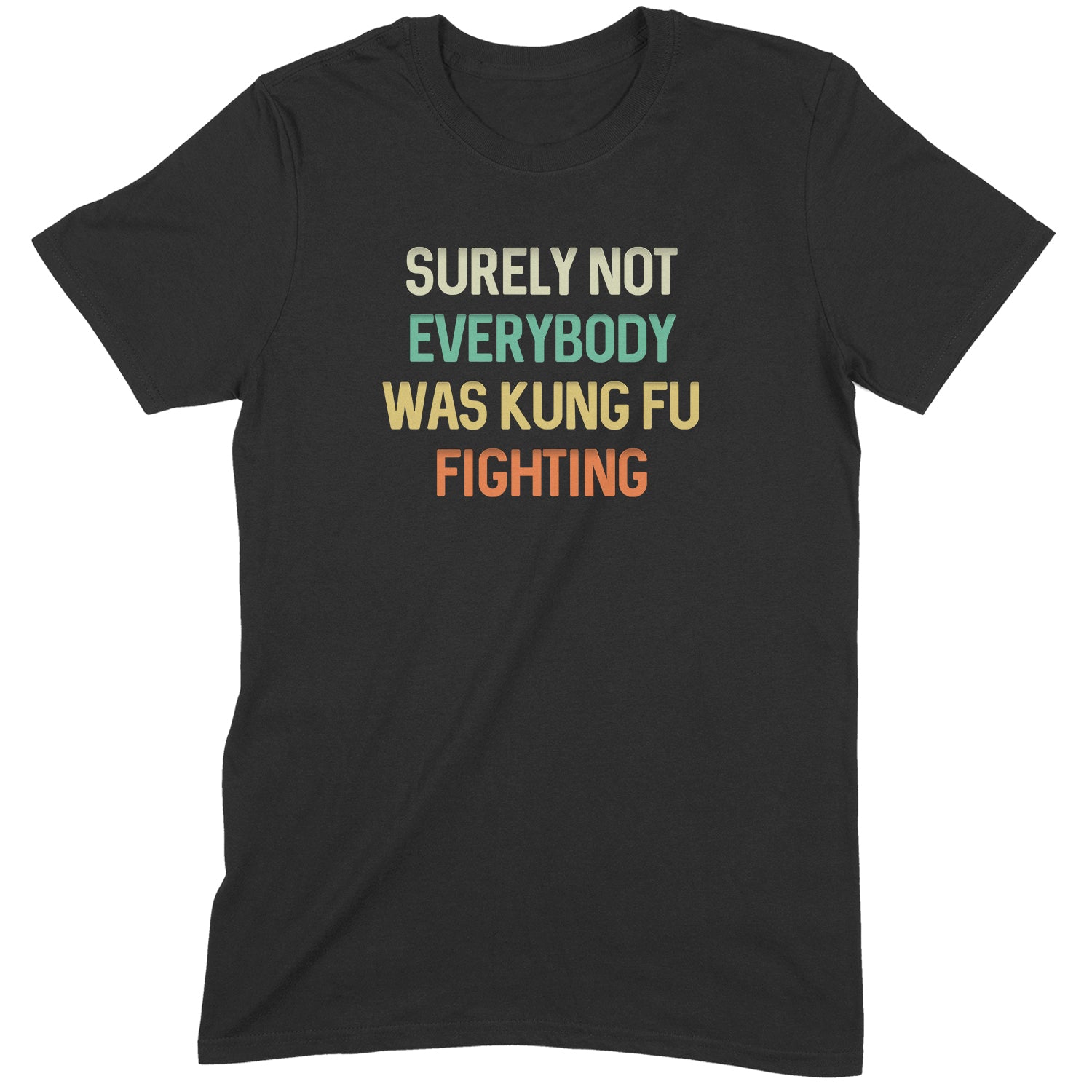 Flat lay black t-shirt with colorful retro text Surely Not Everybody Was Kung Fu Fighting funny graphic tee
