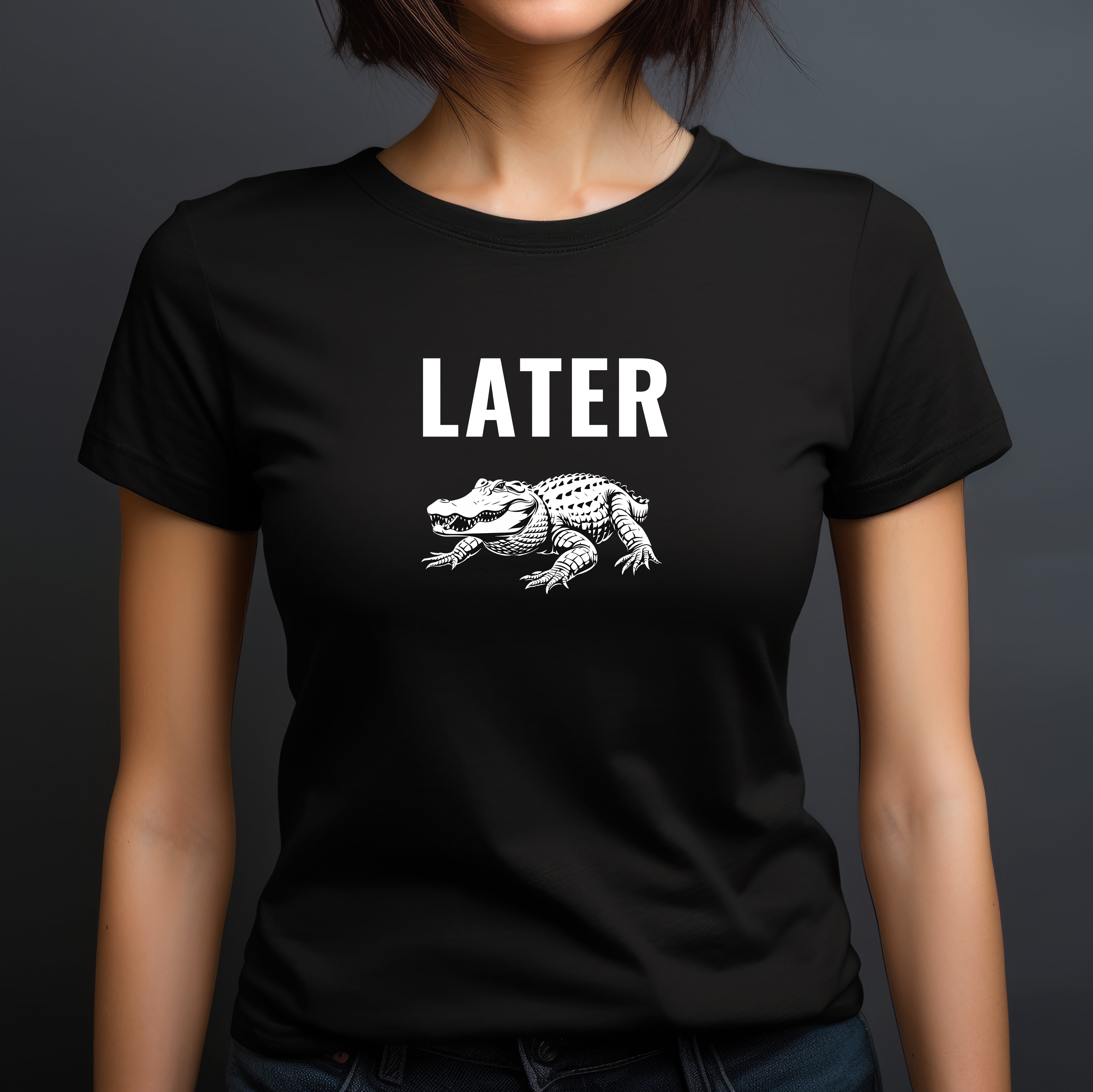 Woman in black crewneck t-shirt featuring Later text and white alligator design