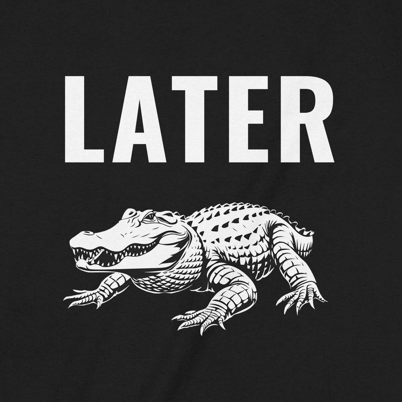 Black graphic tee with Later text and detailed alligator illustration in white