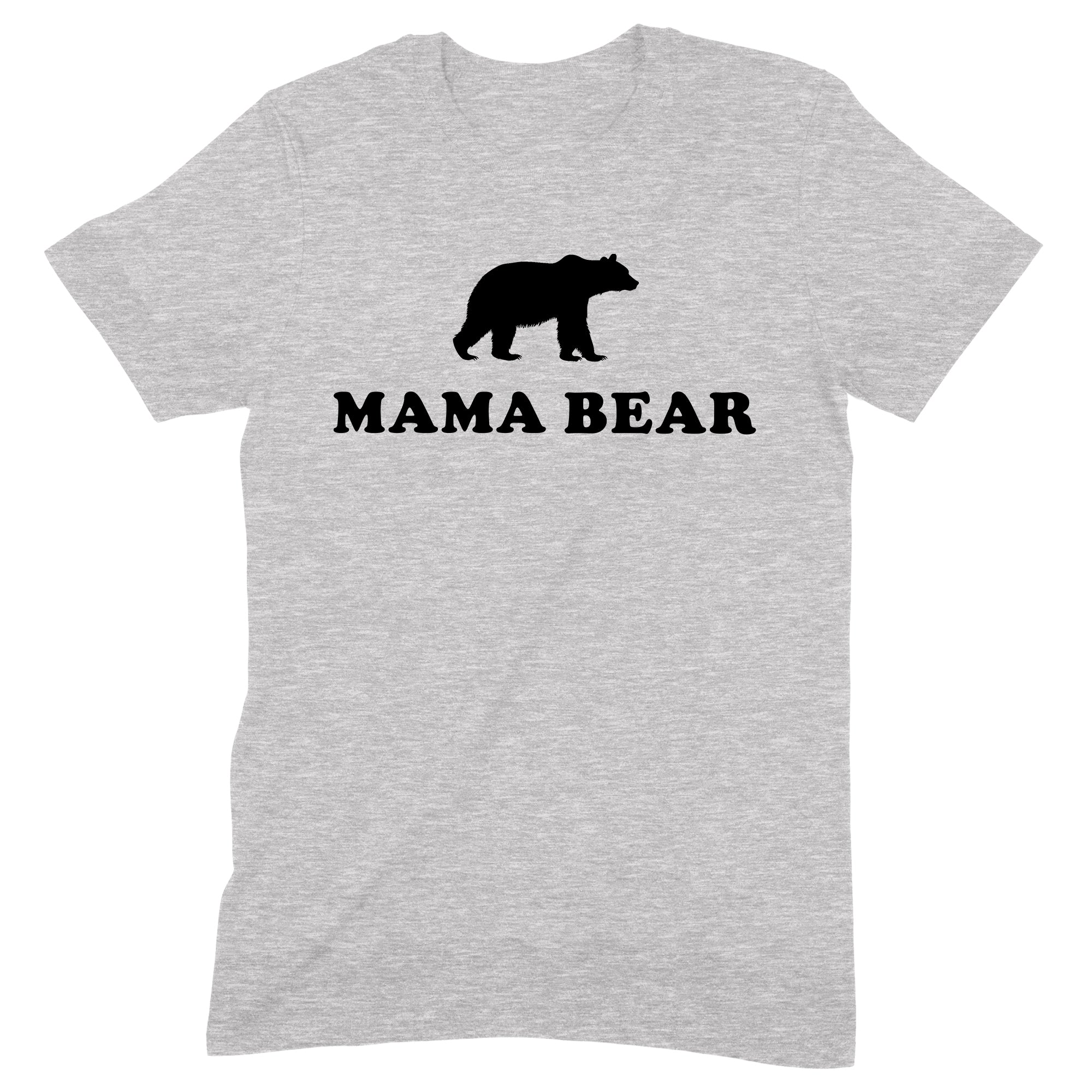 Grey t-shirt with bold black silhouette of a bear and text Mama Bear in large font