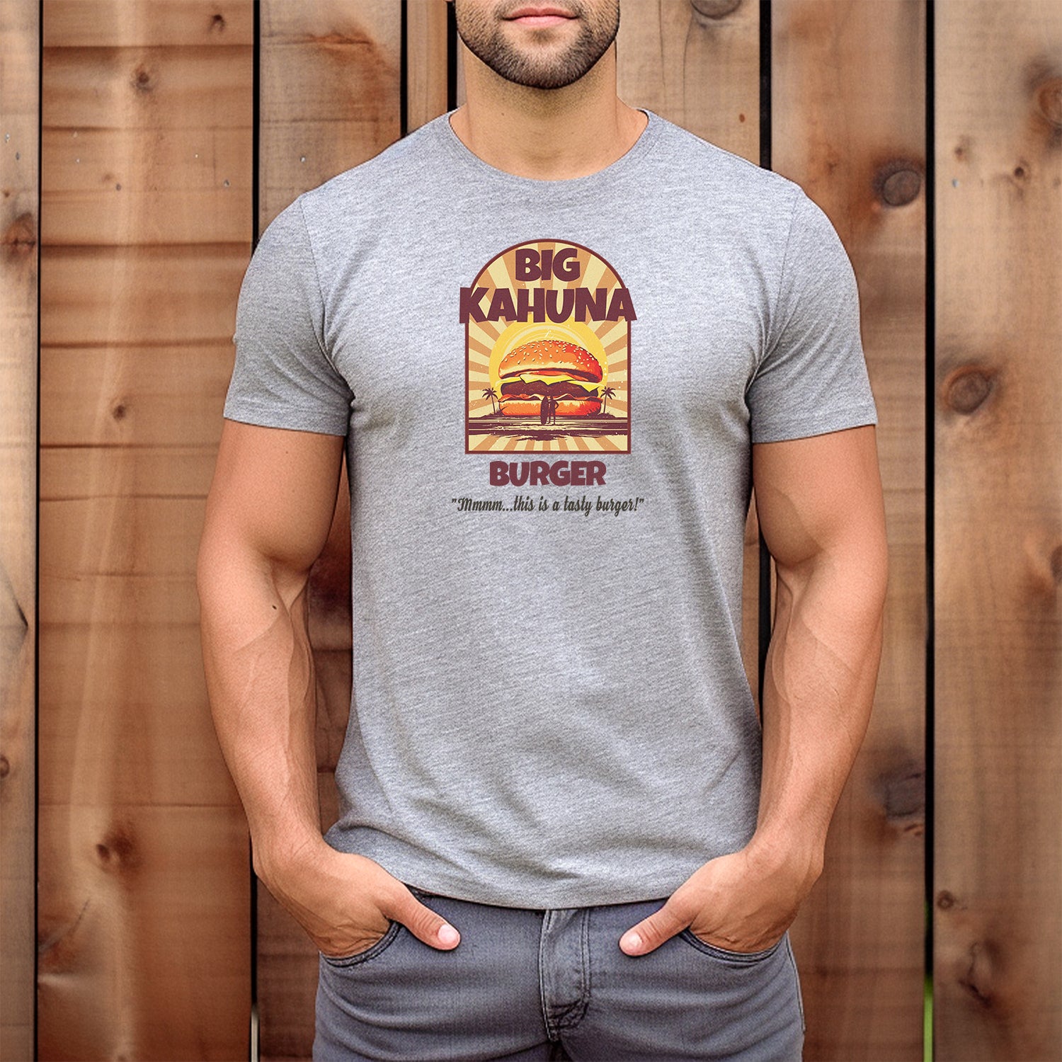 Men’s grey Big Kahuna Burger t-shirt featuring vintage burger design with palm trees