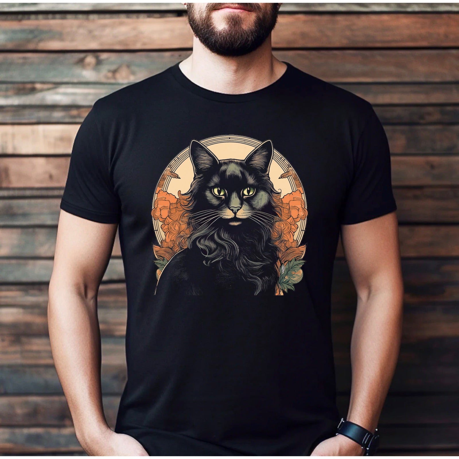Men’s black t-shirt with black cat Halloween graphic and floral art nouveau frame, wood background mockup