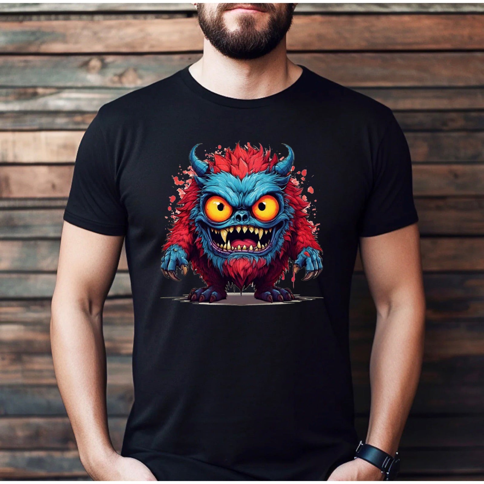 Men’s black Halloween t-shirt with blue and red furry monster graphic, mockup against wooden wall