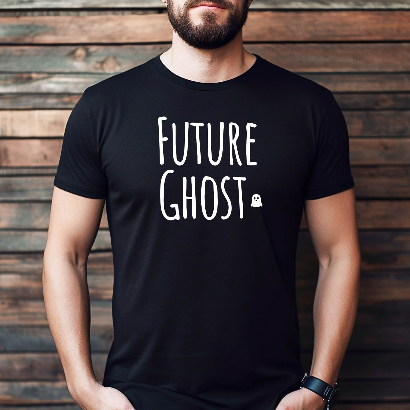 Men’s black Future Ghost Halloween t-shirt mockup against wooden wall