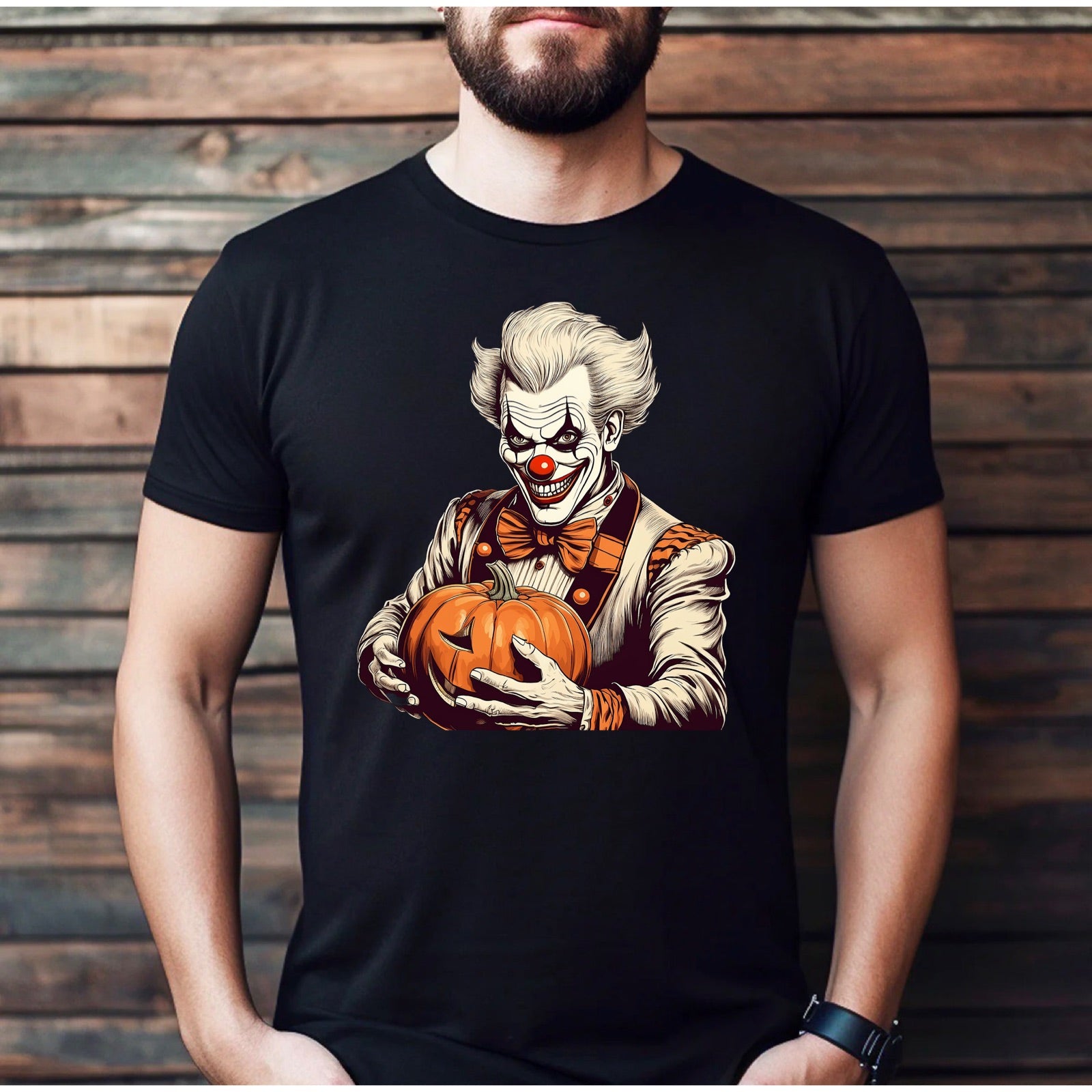 Men’s black Halloween t-shirt with scary clown holding pumpkin, mockup against wooden wall