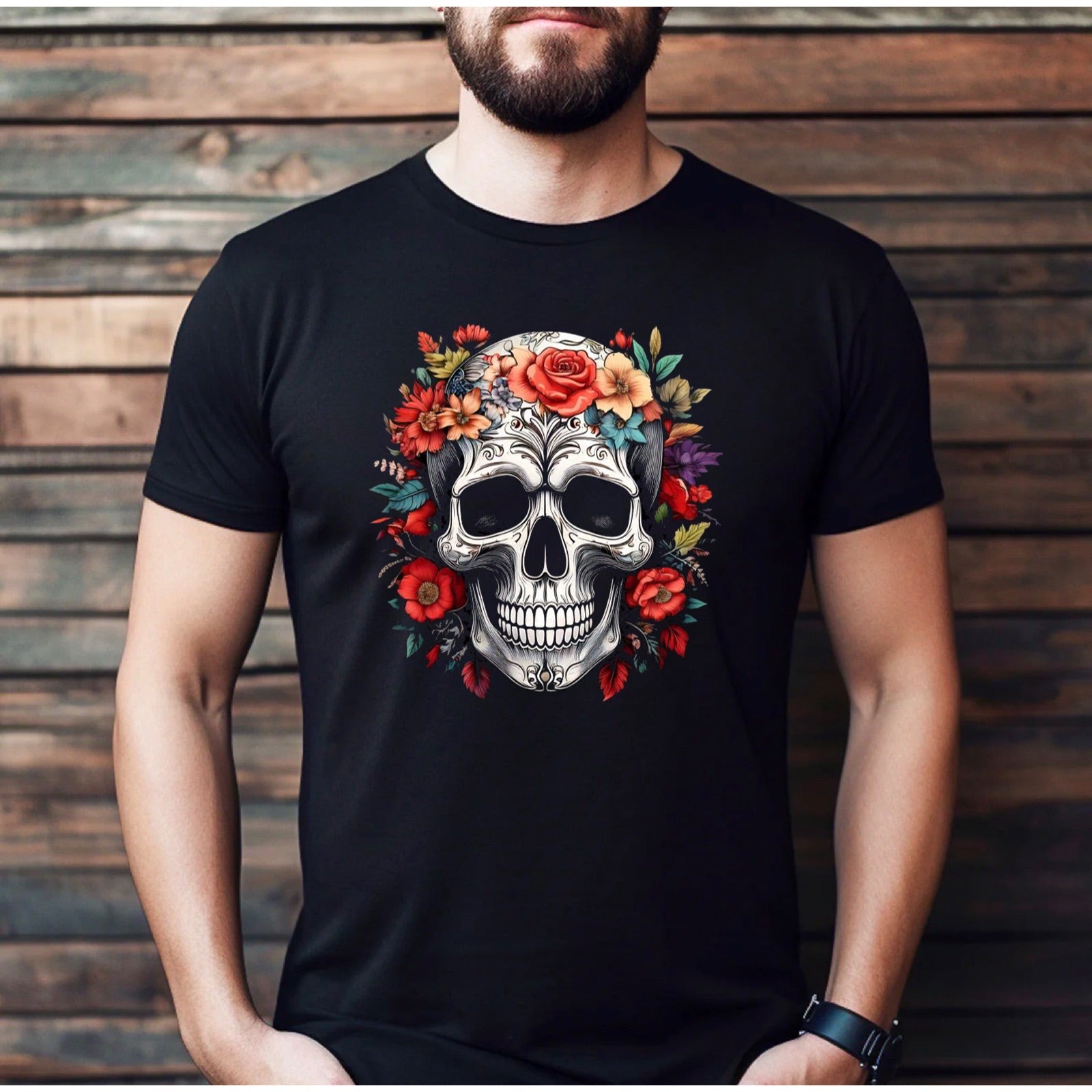 Men’s black sugar skull floral wreath t-shirt mockup on wood background, Day of the Dead design