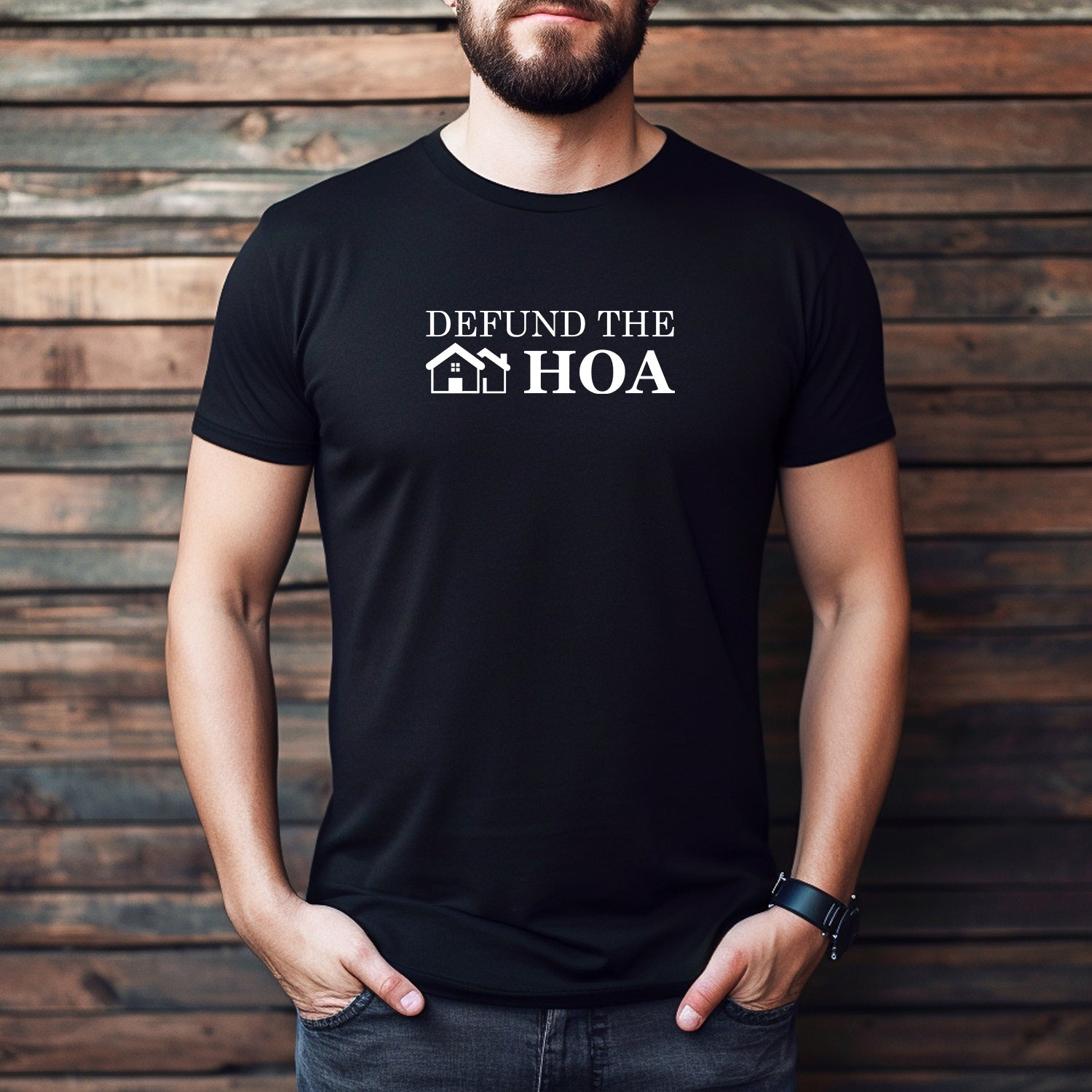 Men’s black crewneck t-shirt featuring sarcastic Defund the HOA text with house graphic