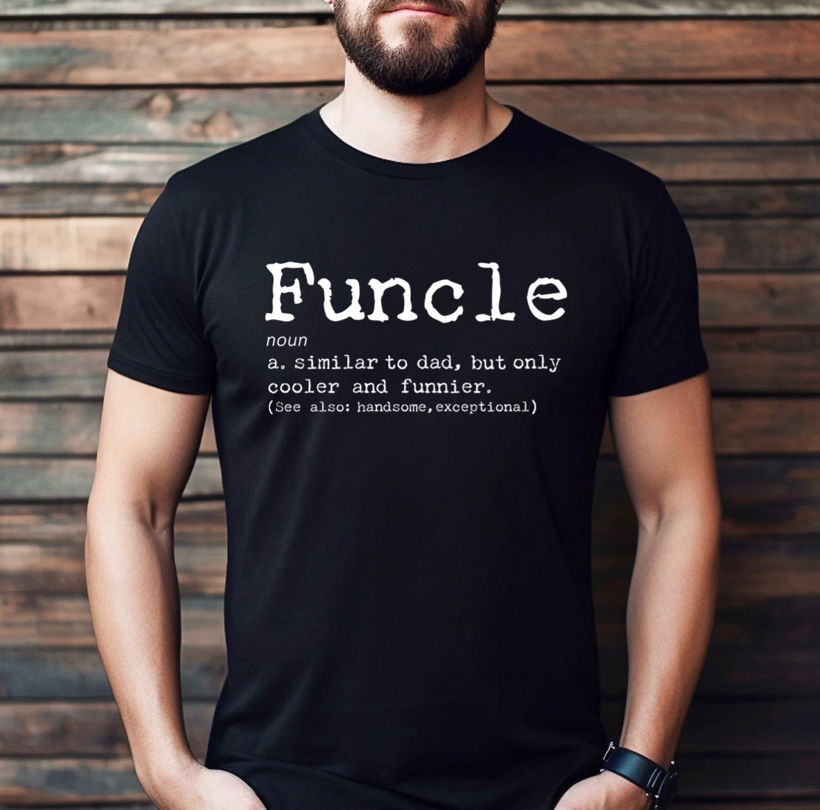 Man wearing black Funcle definition t-shirt with humorous uncle description