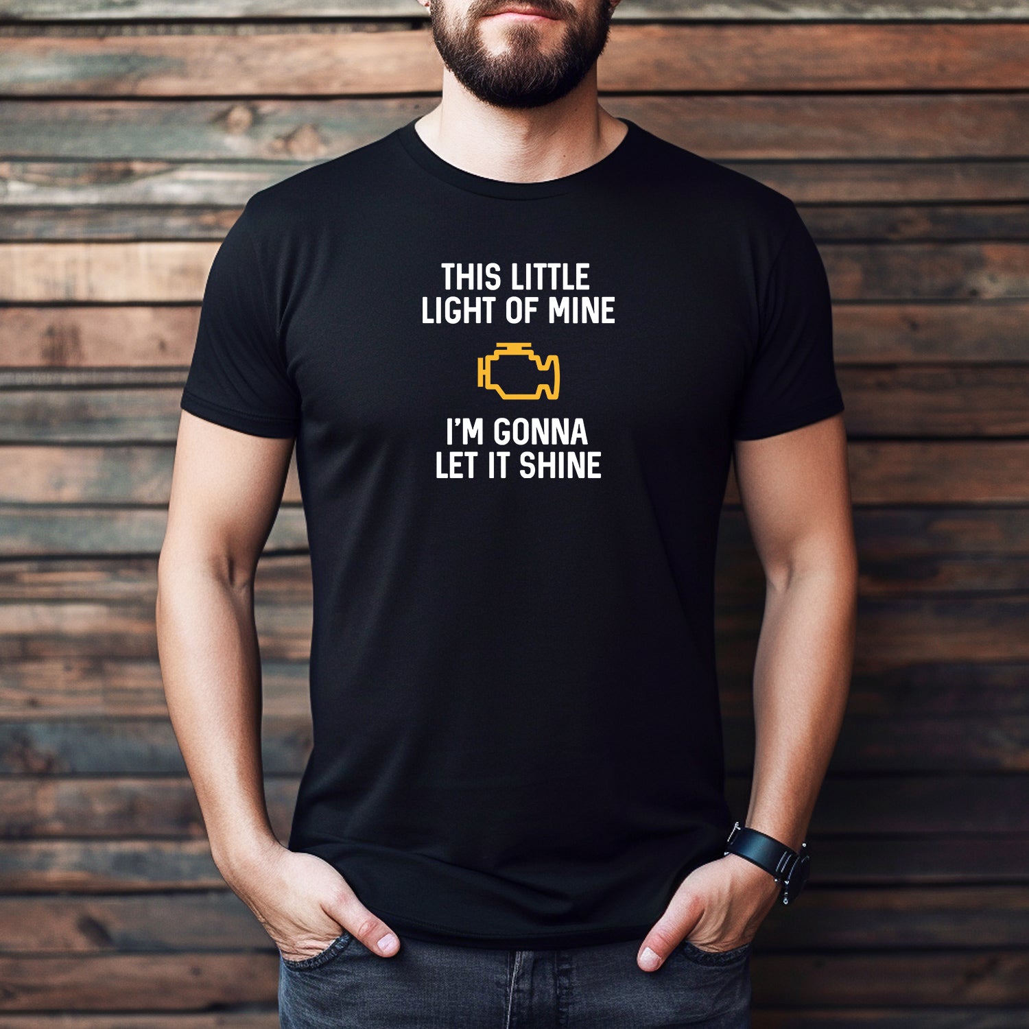 Men’s black crewneck shirt featuring yellow check engine light and This Little Light of Mine I’m Gonna Let It Shine