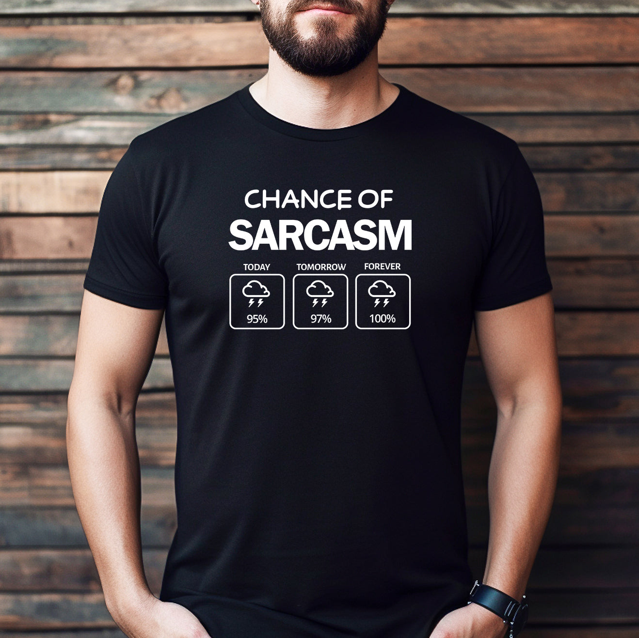 man wearing black sarcasm weather forecast t-shirt with text and storm icons