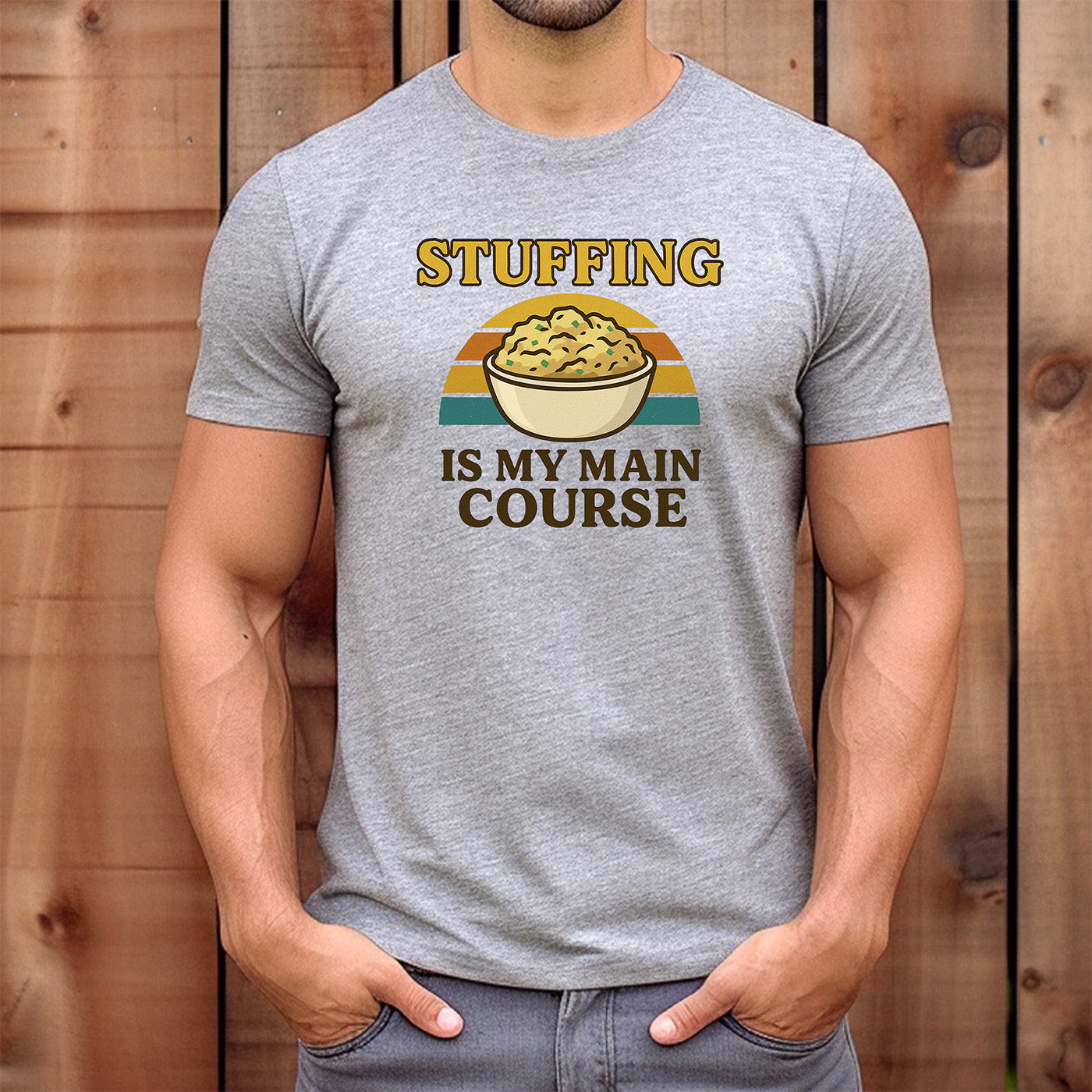 man wearing gray t-shirt with retro stuffing bowl design and words stuffing is my main course humorous tee
