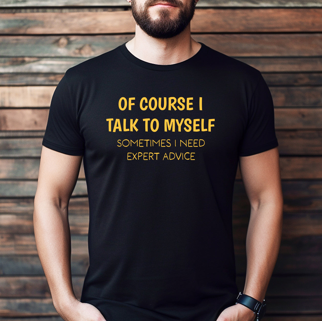 man wearing funny black t-shirt with yellow expert advice quote design