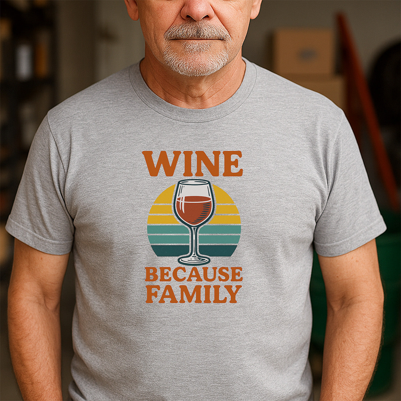 man wearing gray t-shirt featuring retro wine glass design with text wine because family