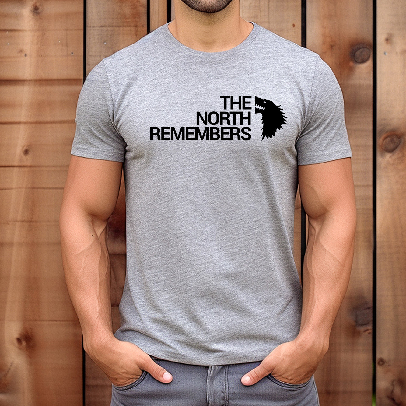 Man wearing grey 'The North Remembers' direwolf t-shirt from Game of Thrones