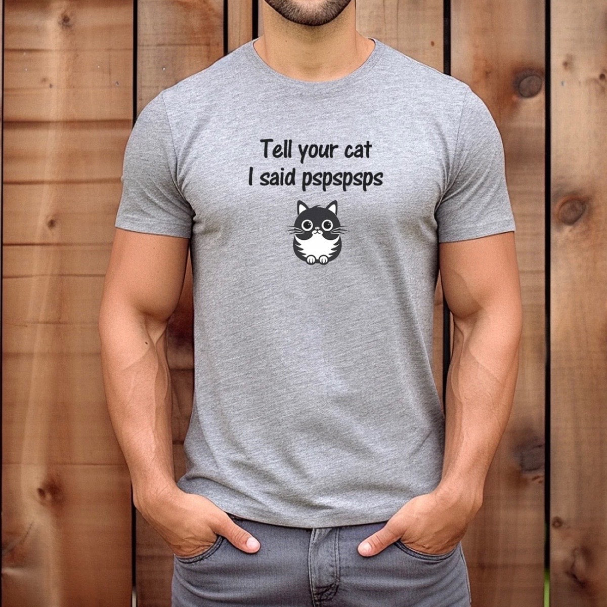 Man wearing grey t-shirt with cartoon cat and phrase “Tell your cat I said pspspsps.”