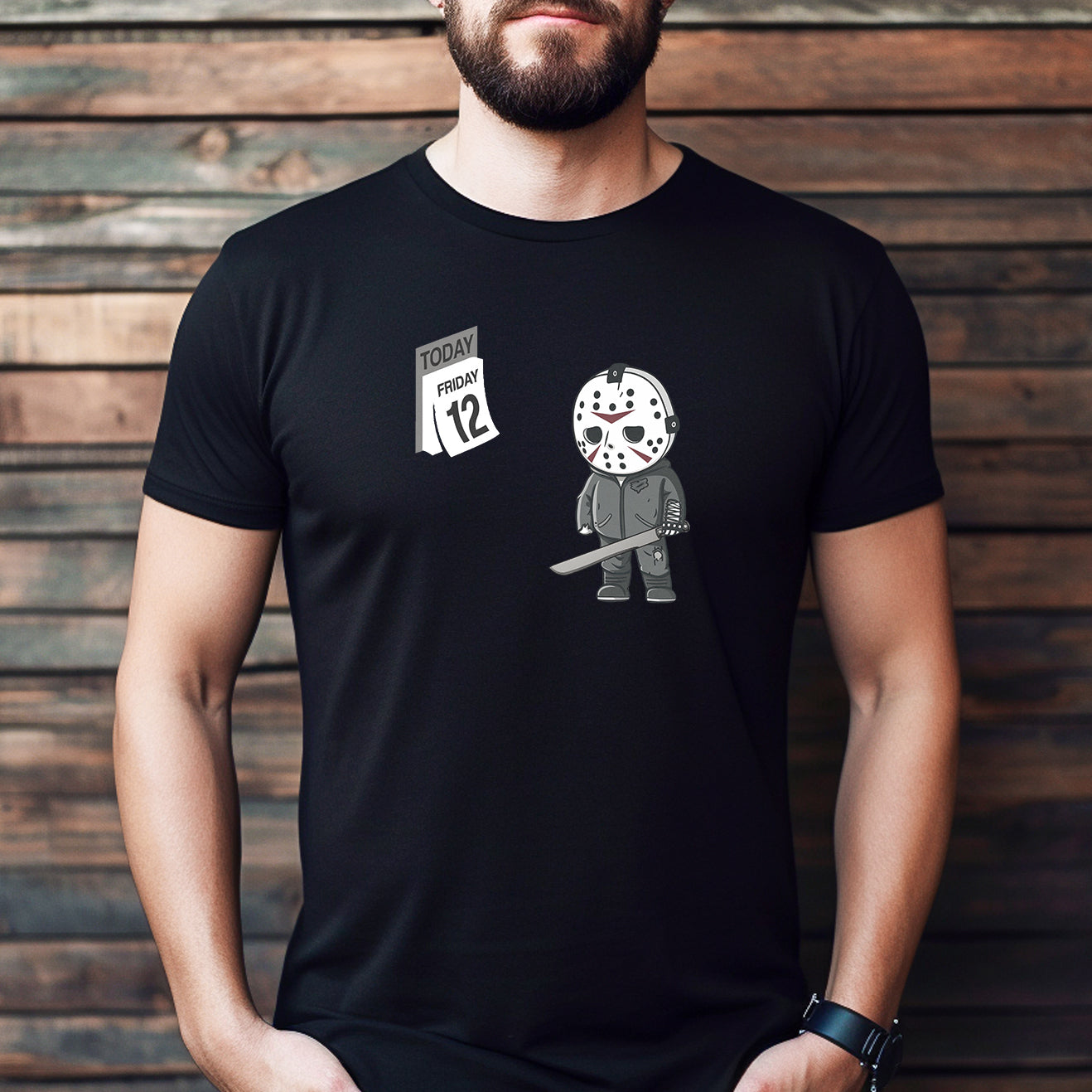Man wearing black Halloween t-shirt featuring cartoon Jason Voorhees and Friday the 13th design