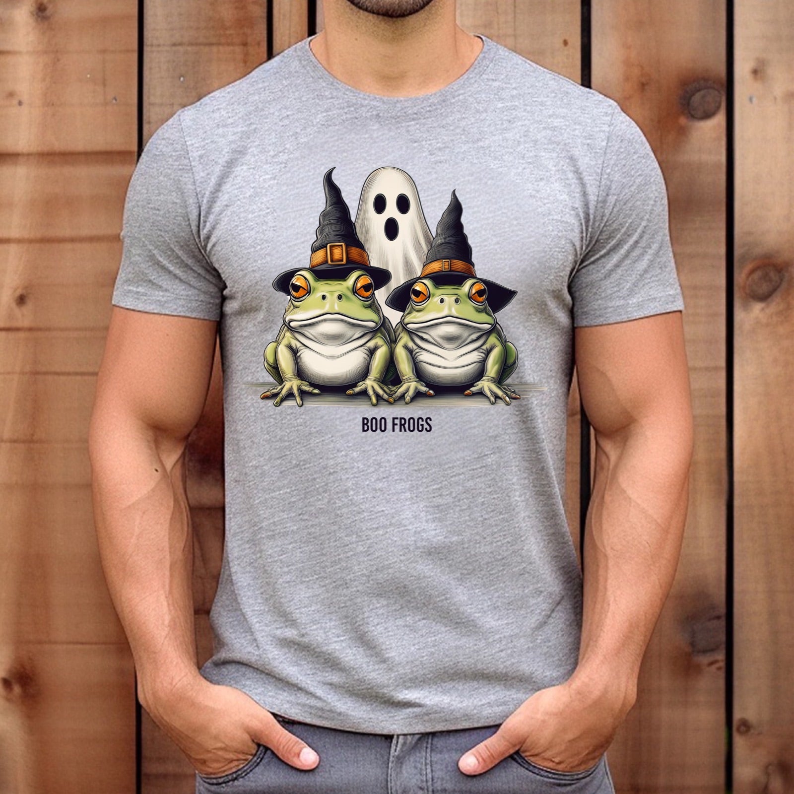 Men’s heather gray Boo Frogs Halloween t-shirt with two frogs in witch hats and ghost, outdoor mockup