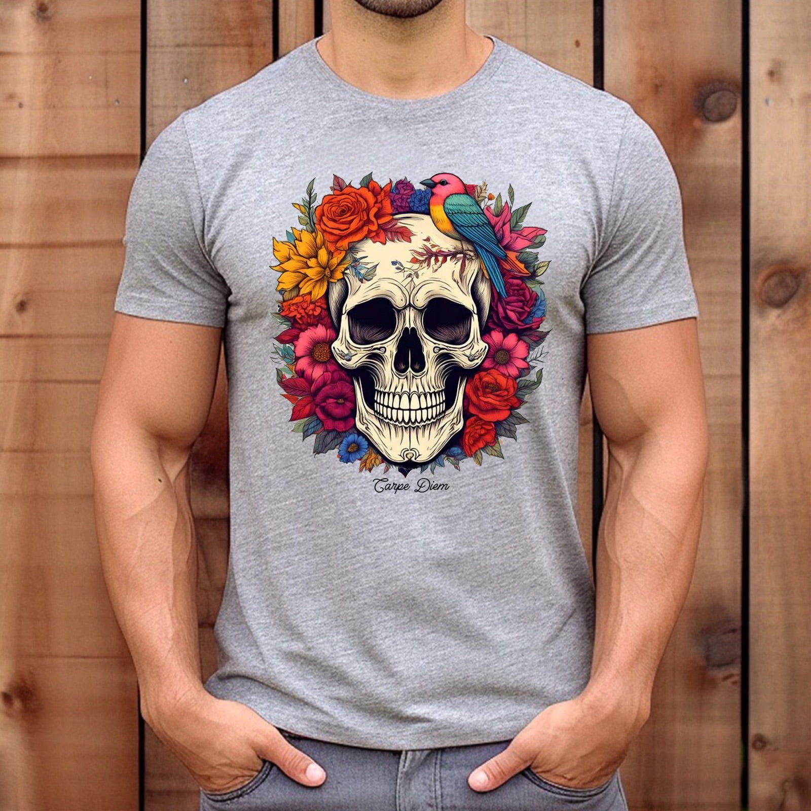 Men’s heather gray t-shirt with Carpe Diem skull, floral wreath and bird, wood background mockup