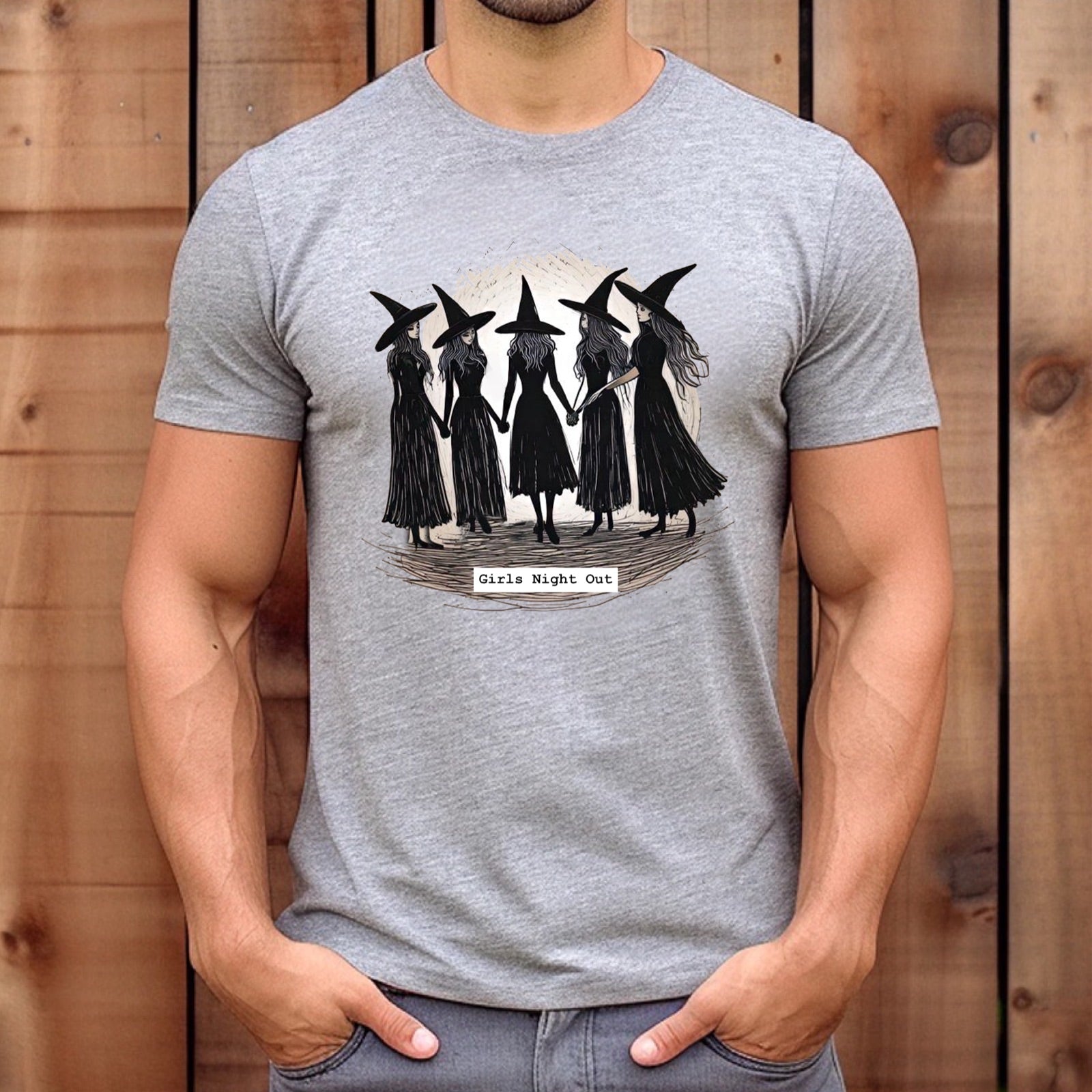 Men’s heather gray Girls Night Out witches graphic tee, Halloween shirt mockup, short-sleeve crewneck