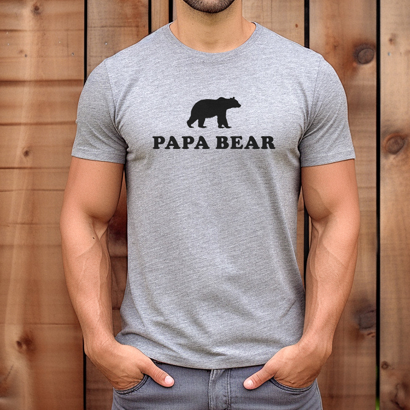 Men’s heather gray Papa Bear t-shirt with bear silhouette, mockup against wooden wall