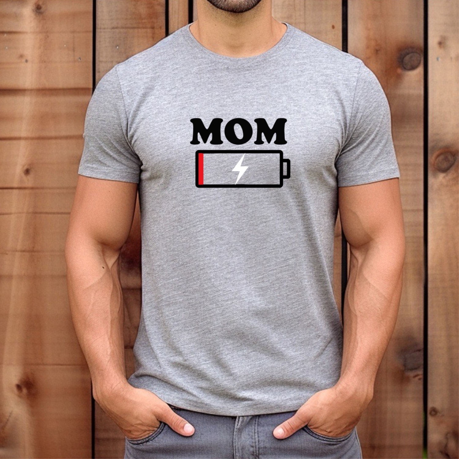 Man wearing gray MOM low battery t-shirt, funny graphic tee for moms and parents