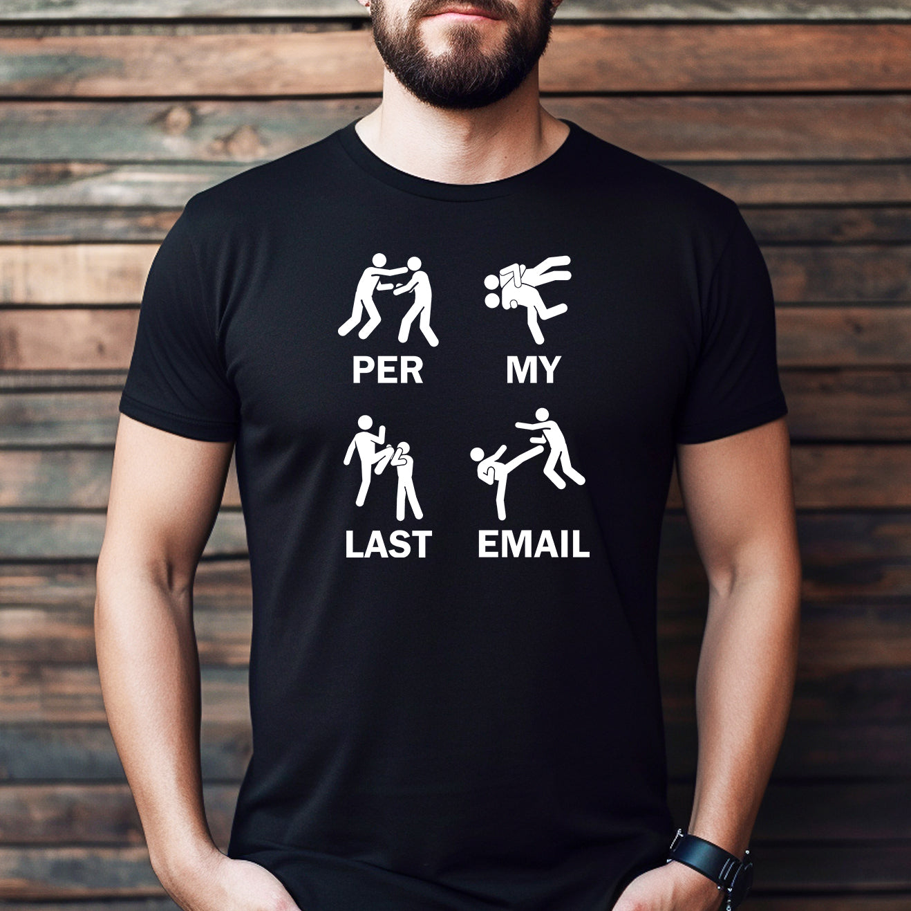 Man wearing black graphic tee with stick figures and per my last email text