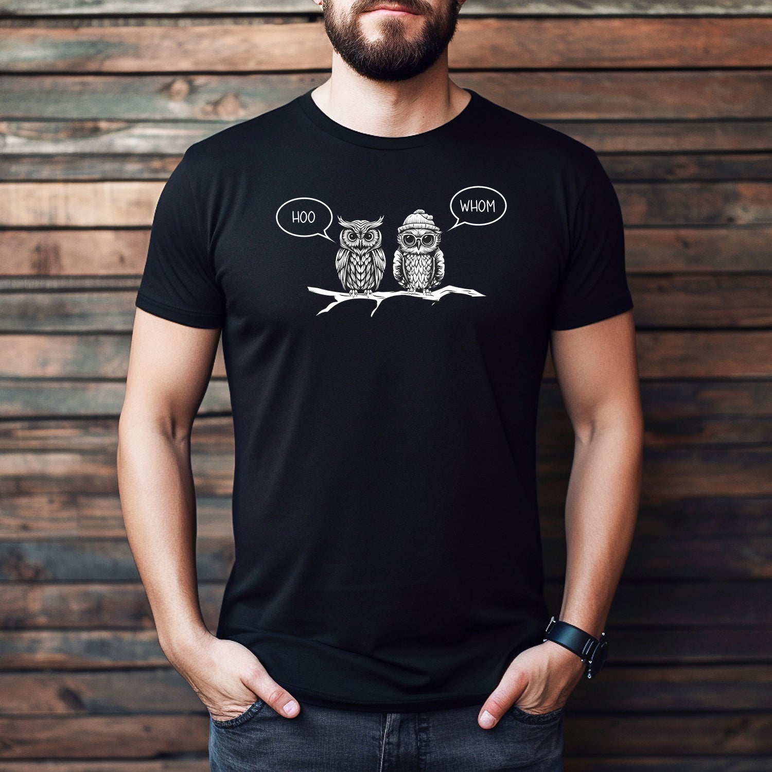 Men’s crewneck black t-shirt with two owls saying hoo and whom, clever grammar humor shirt