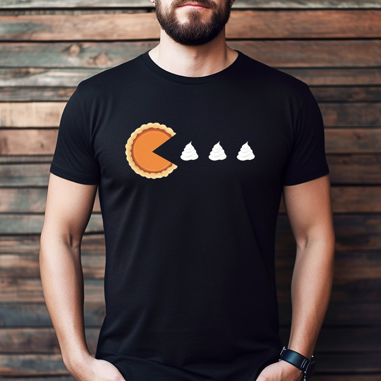 Man wearing black pumpkin pie Pac-Man graphic tee, fun Thanksgiving and Halloween shirt