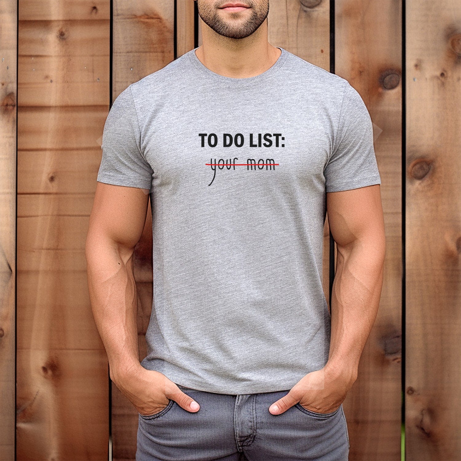 Man wearing heather gray To Do List: your mom crossed out tee, funny adult humor shirt with casual fit