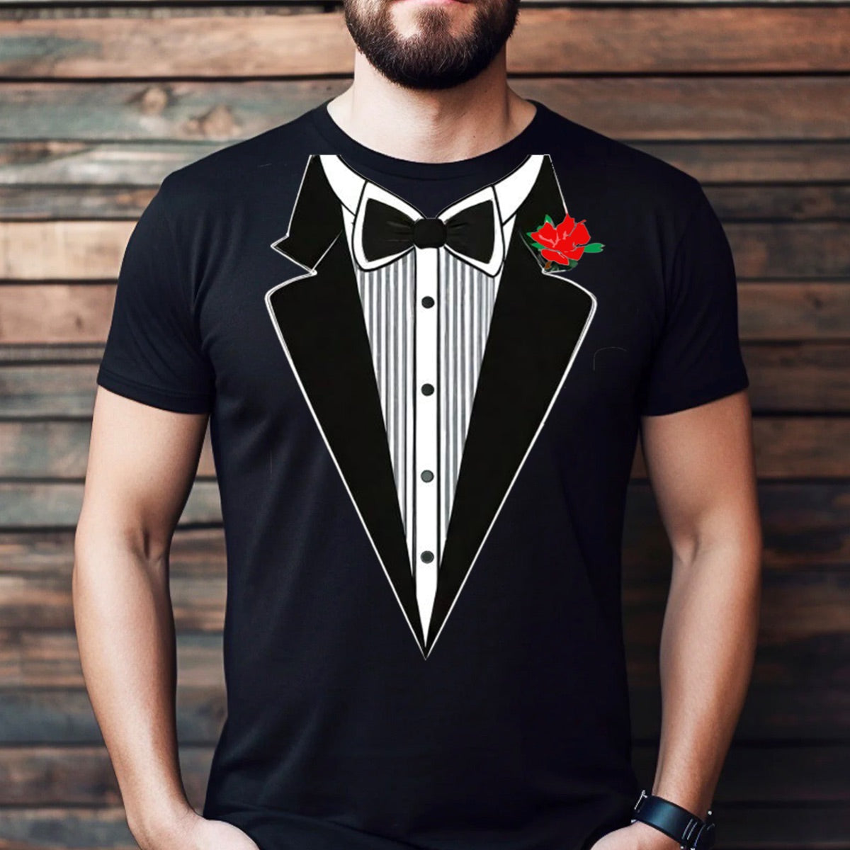 Man wearing black tuxedo graphic t-shirt with bowtie and red flower detail, novelty party shirt