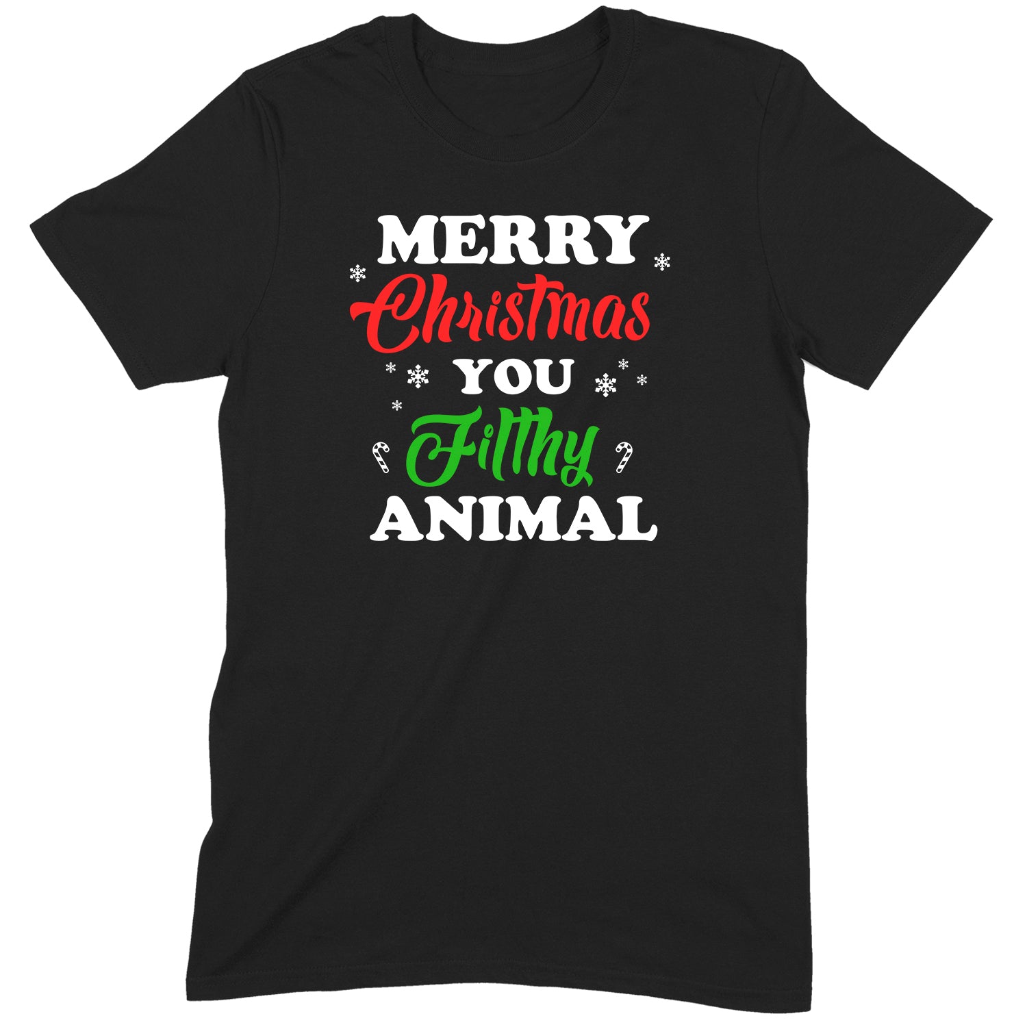 Black Christmas t-shirt with Merry Christmas You Filthy Animal design in red, green, and white festive lettering