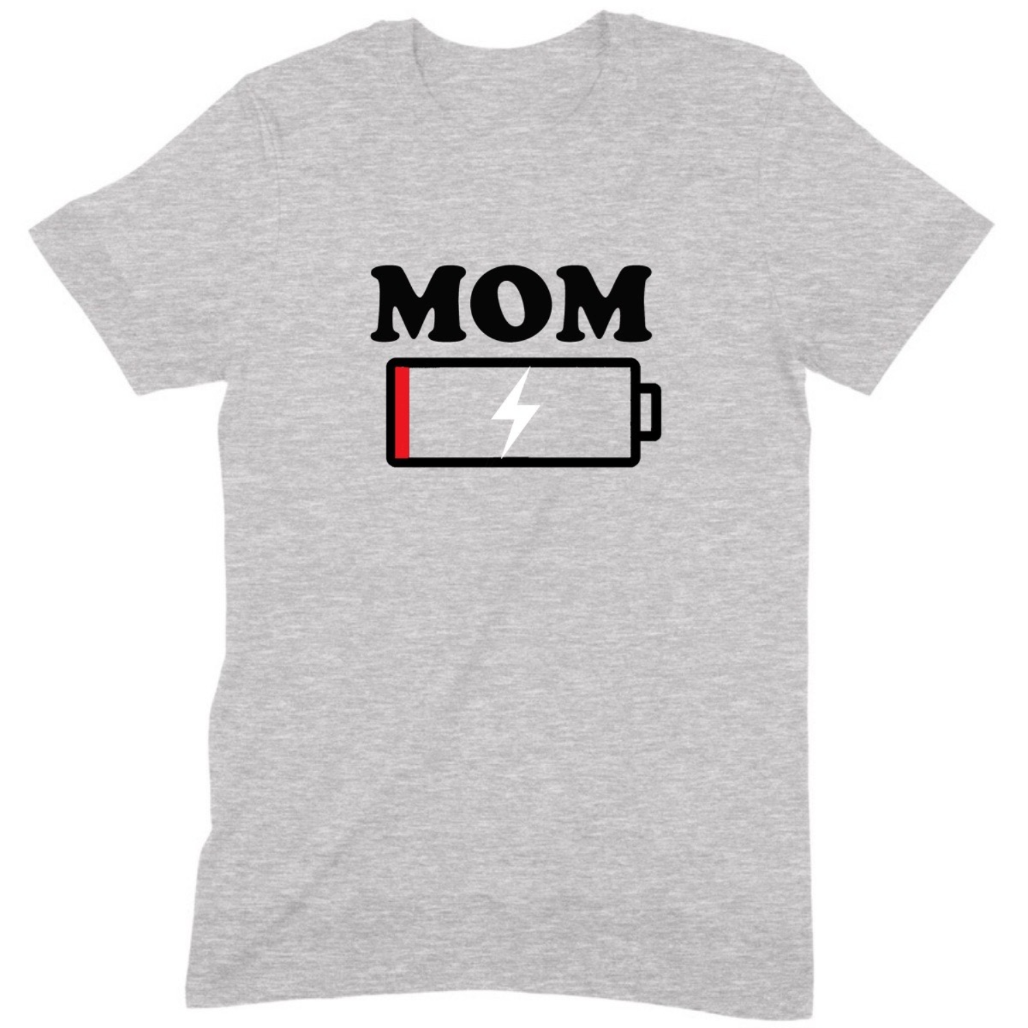 Gray t-shirt with MOM text and low battery icon design, funny gift for moms