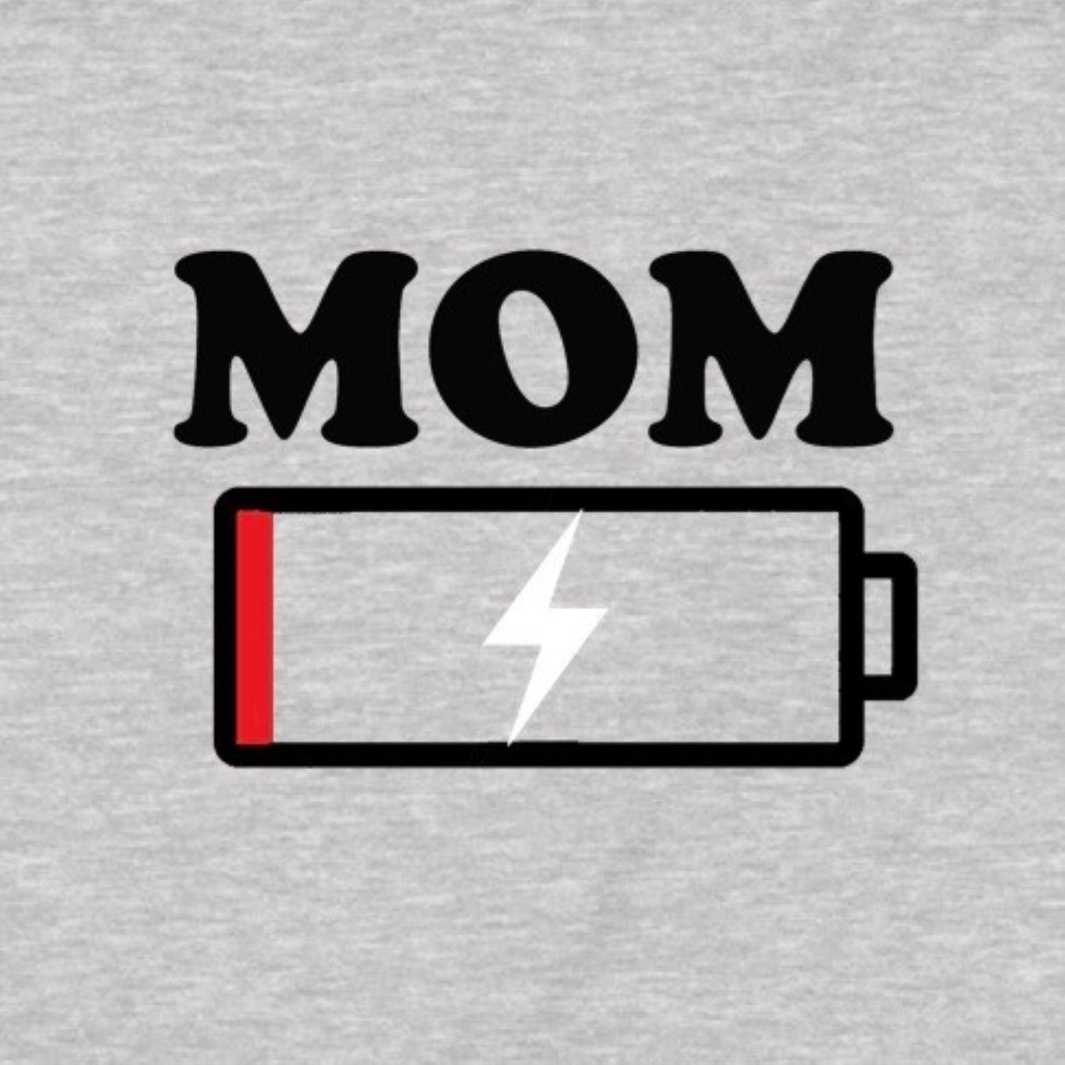 Closeup of MOM low battery icon graphic on gray t-shirt, humorous mom shirt detail