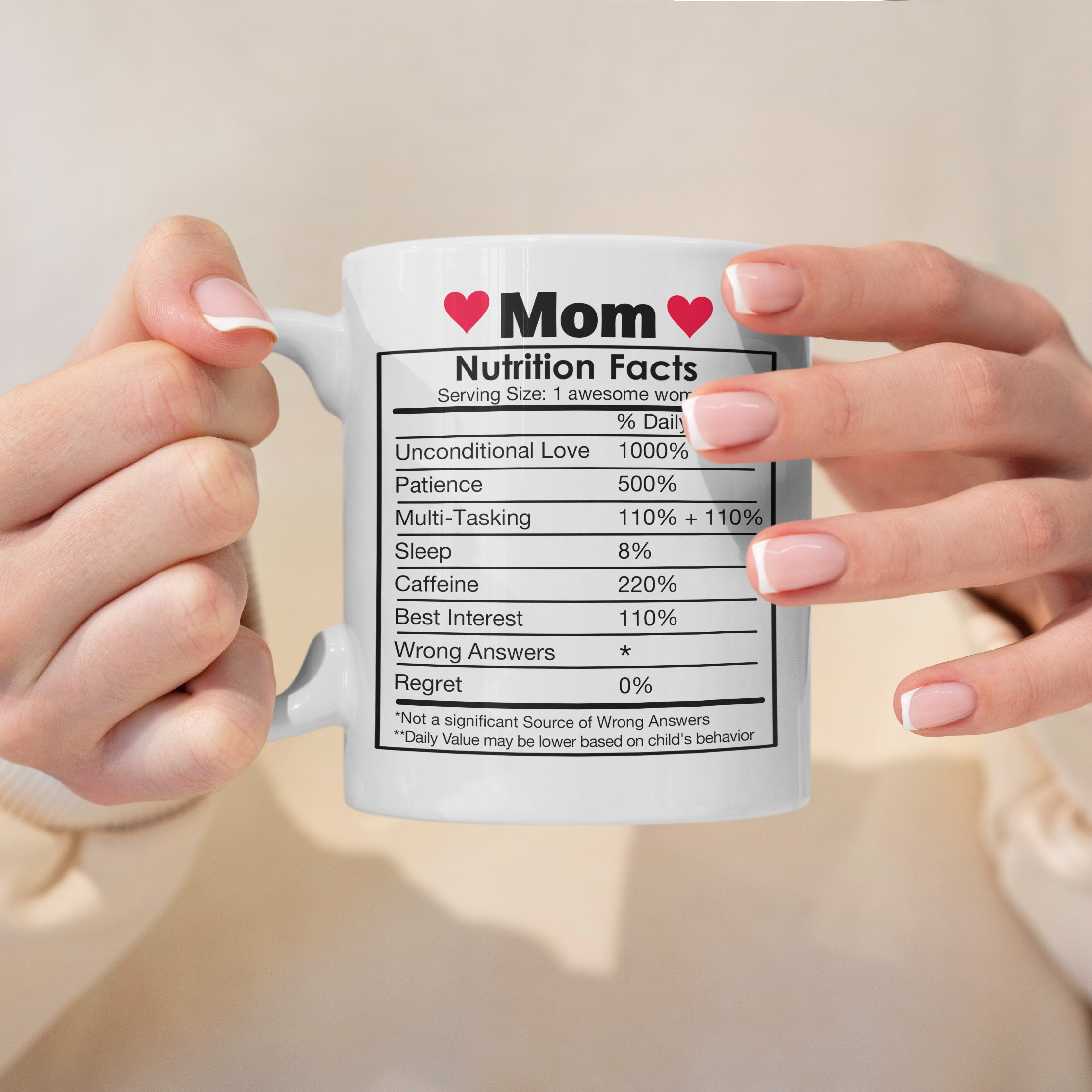 Mom nutrition facts design on white mug on table styled like a nutrition label 15oz
