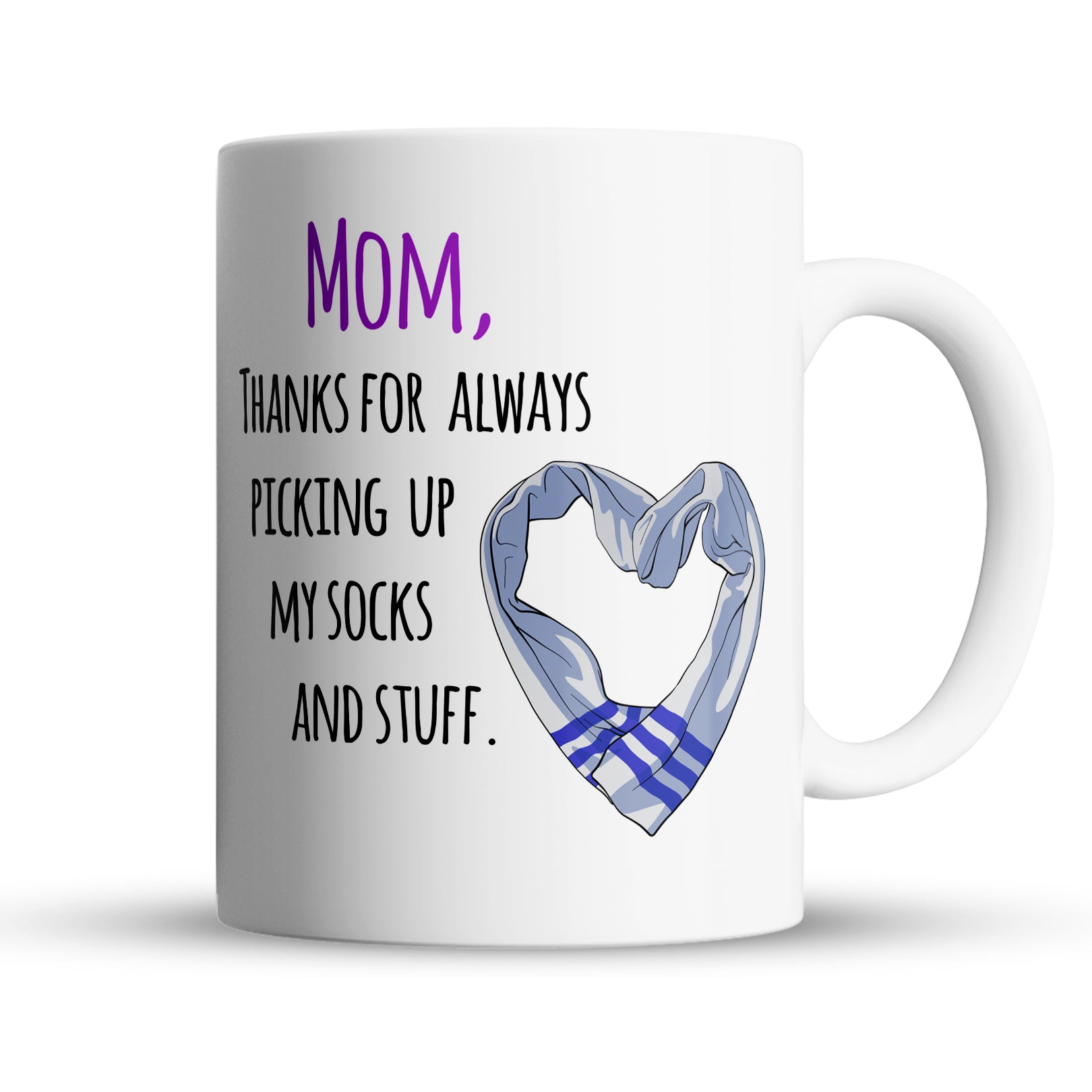 White mug with text and a heart-shaped scarf design on a white background