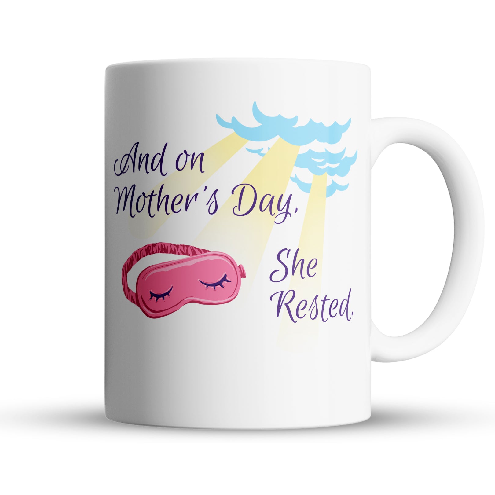 White mug with a pink sleep mask and text on a white background