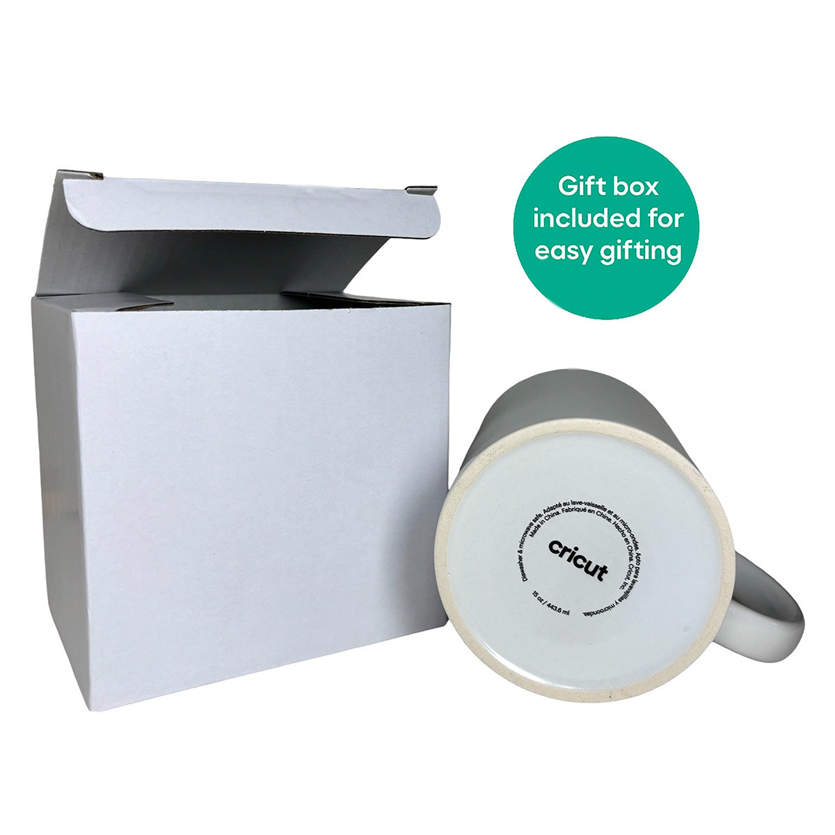 Cricut branded bottom of white ceramic mug with gift box packaging included for easy gifting
