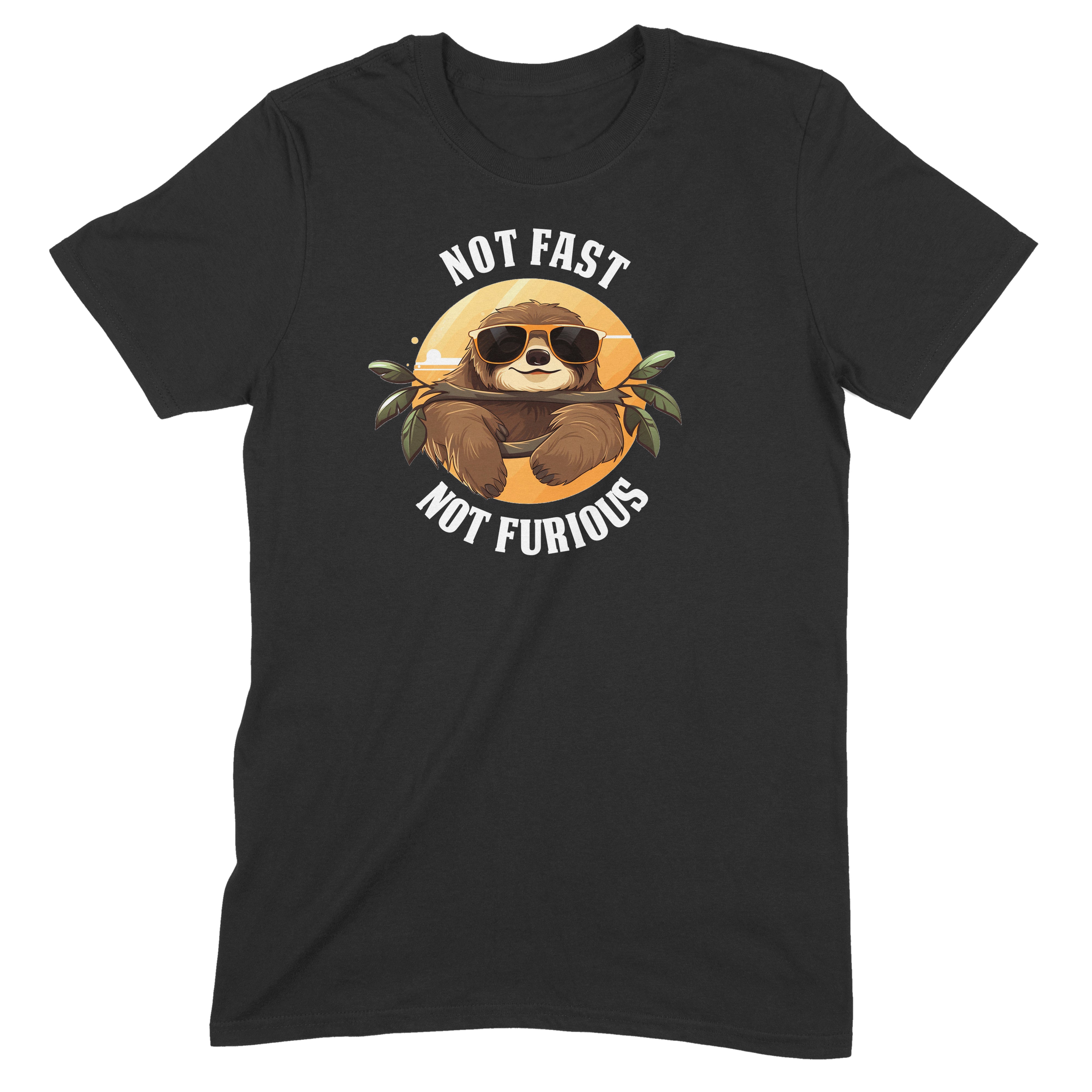Black t-shirt with cartoon sloth wearing sunglasses and text not fast not furious