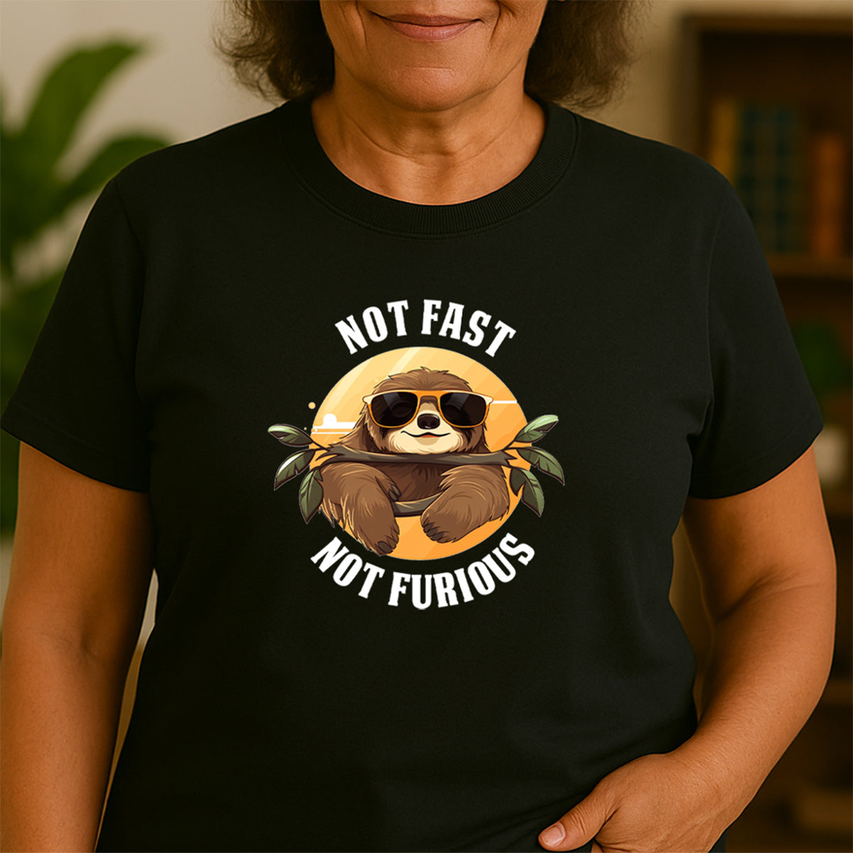 Woman in black crew neck shirt with relaxed sloth graphic and not fast not furious caption