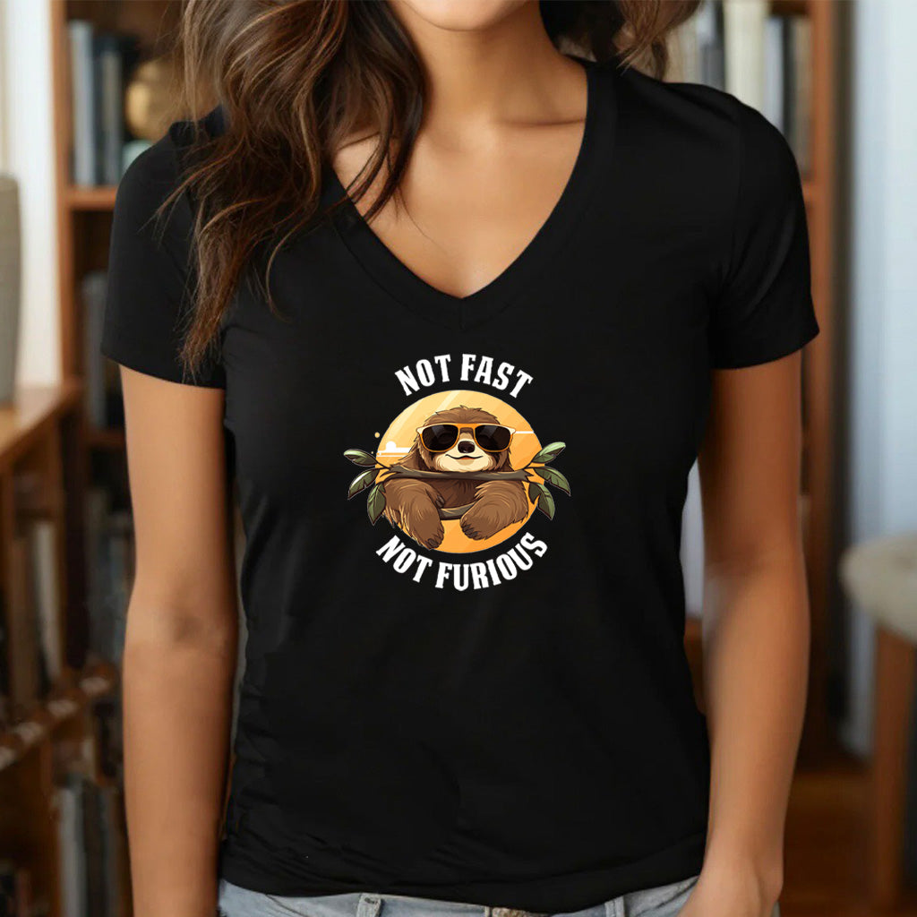 Woman wearing black v-neck t-shirt with sunglasses sloth design and wording not fast not furious